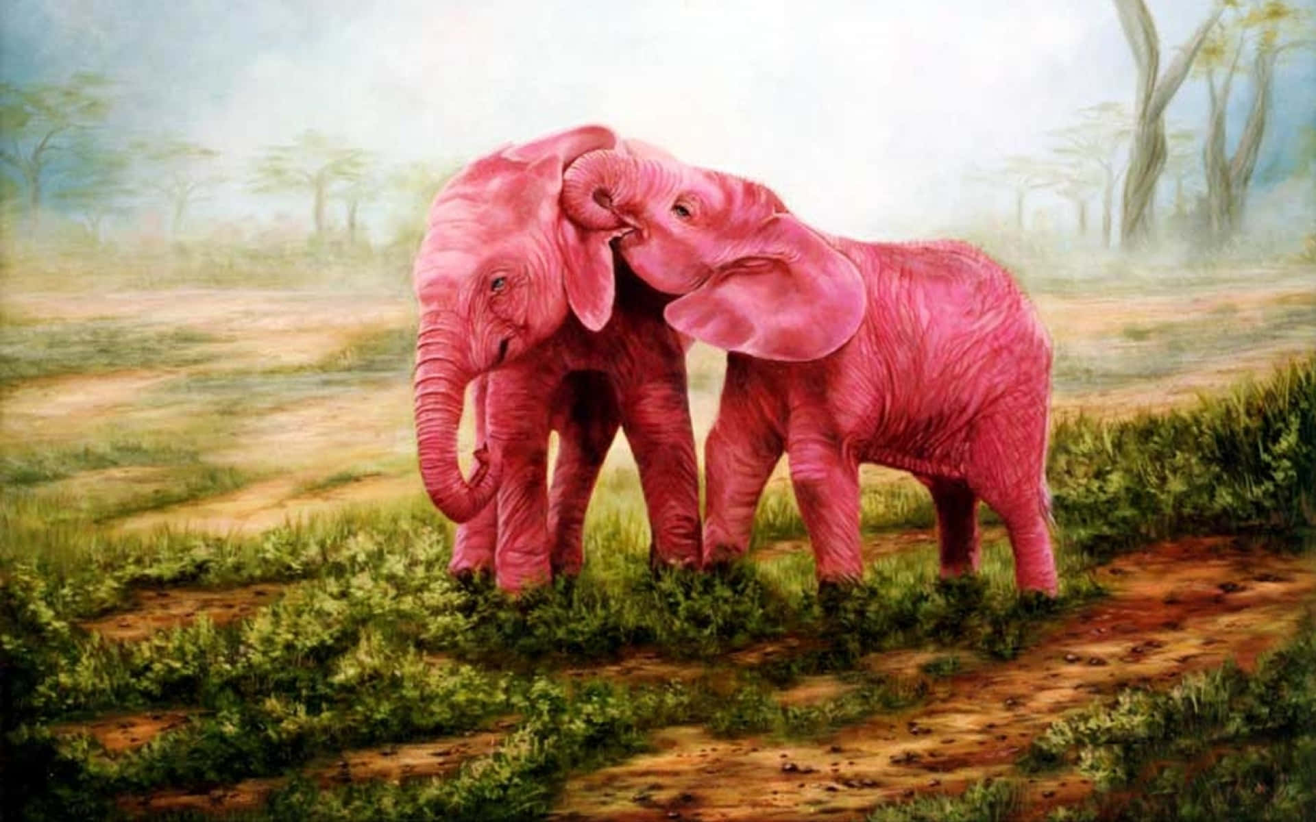 Pink Elephant 桌布 壁紙 — 兩隻粉紅色大象在薄霧籠罩的稀樹草原上，柔軟的綠草和遠處樹木間親暱地依偎。