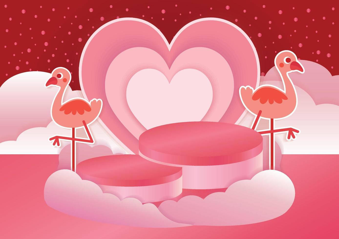 birds 桌布 壁紙 — 兩隻粉紅色火鶴站在雲端平台上，面前是層疊的心形圖案，背景是閃爍的紅色天空。
