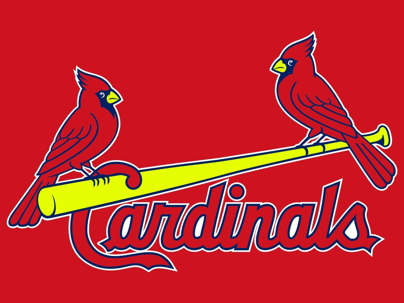 Cardinals 桌布 壁紙 — 兩隻紅色主教鳥棲息在黃色棒球棍上，純紅色背景下方寫有「Cardinals」字樣。