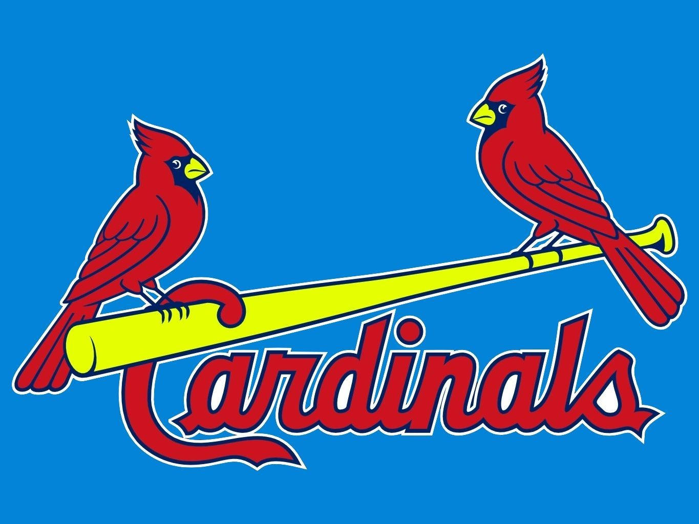 Cardinals 桌布 壁紙 — 兩隻紅色主教鳥棲息在黃色棒球棒上，背景為純藍色，下方寫有「Cardinals」字樣。