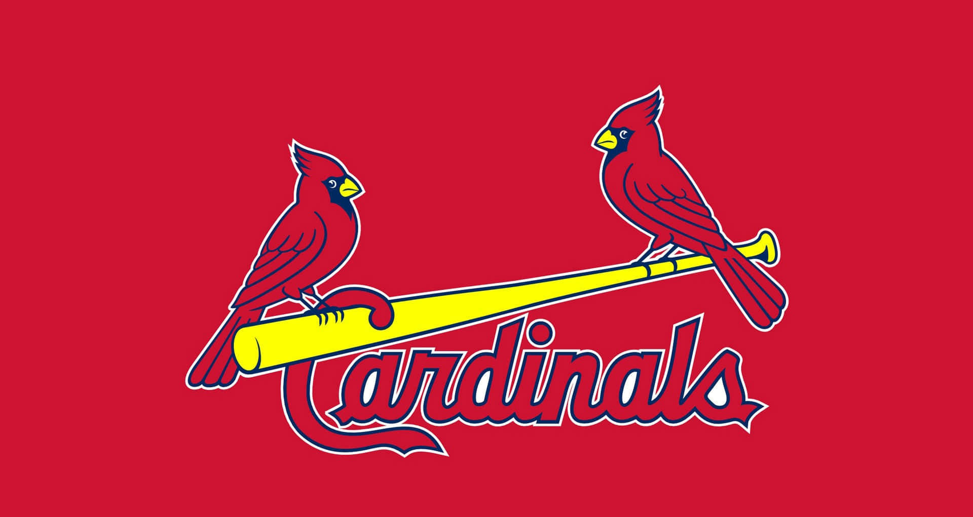 MLB Teams 桌布 壁紙 — 兩隻紅色紅雀棲息在黃色棒球棒上，上方有紅色字體的 Cardinals 字樣，背景為純紅色。