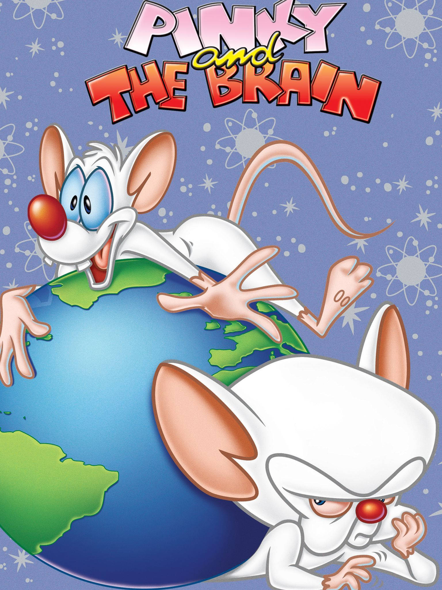 Brain 桌布 壁紙 — 兩隻紅鼻子的卡通老鼠抓住藍綠色的地球，背景是帶有原子符號的星空紫色天空。