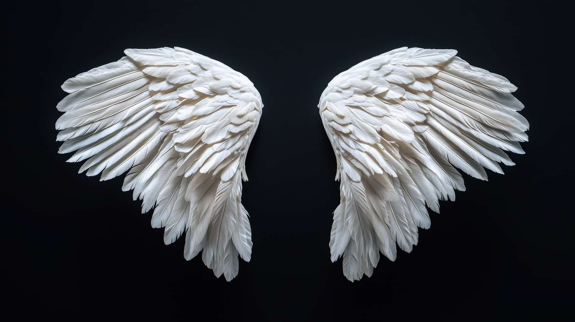 A pair of beautifully detailed white angel wings spread symmetrically against a dark background 壁紙 — 兩隻純白天使翅膀，帶有細緻羽毛紋理，在純黑背景上突出顯現。