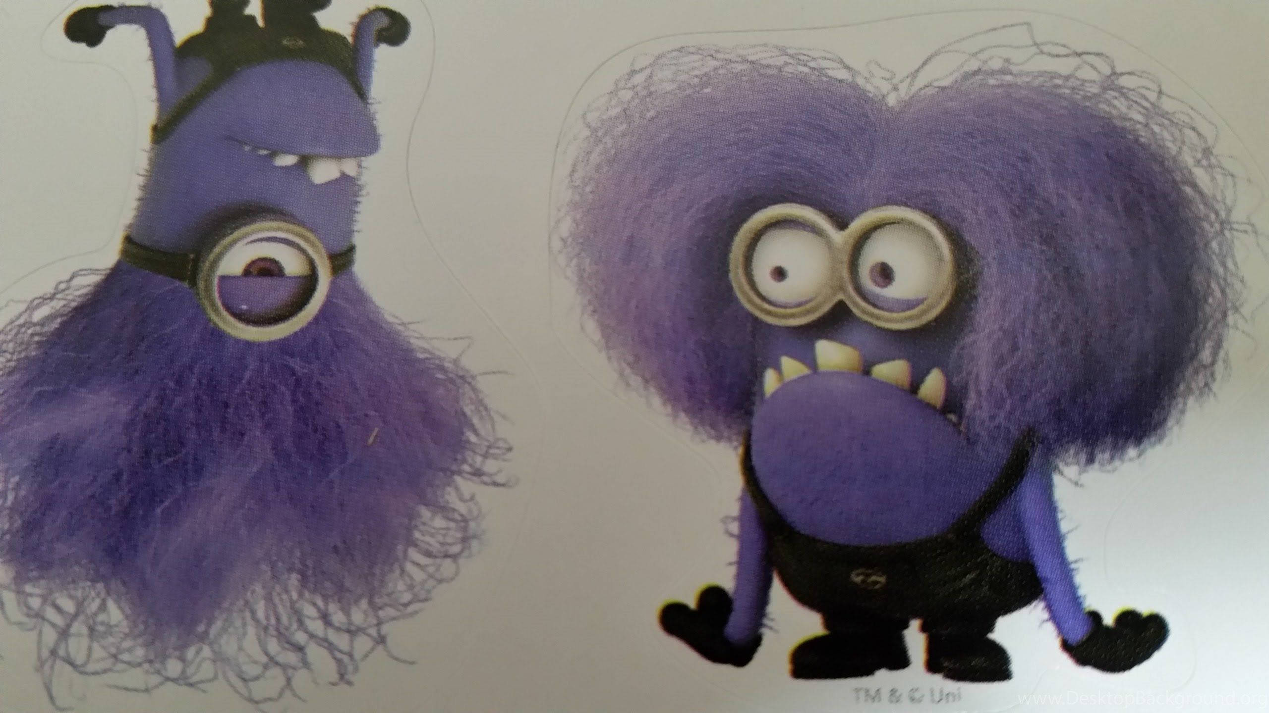 evil 桌布 壁紙 — 兩隻紫色毛茸茸的Minions，頭髮狂野，戴著護目鏡，並排站在純色背景前。