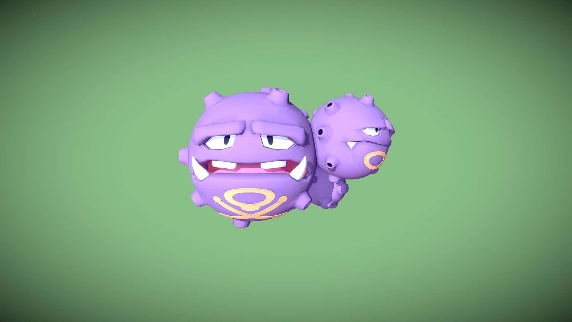 寶可夢 桌布 壁紙 — 兩隻紫色的Pokémon帶著憤怒的表情漂浮在綠色漸變背景上。