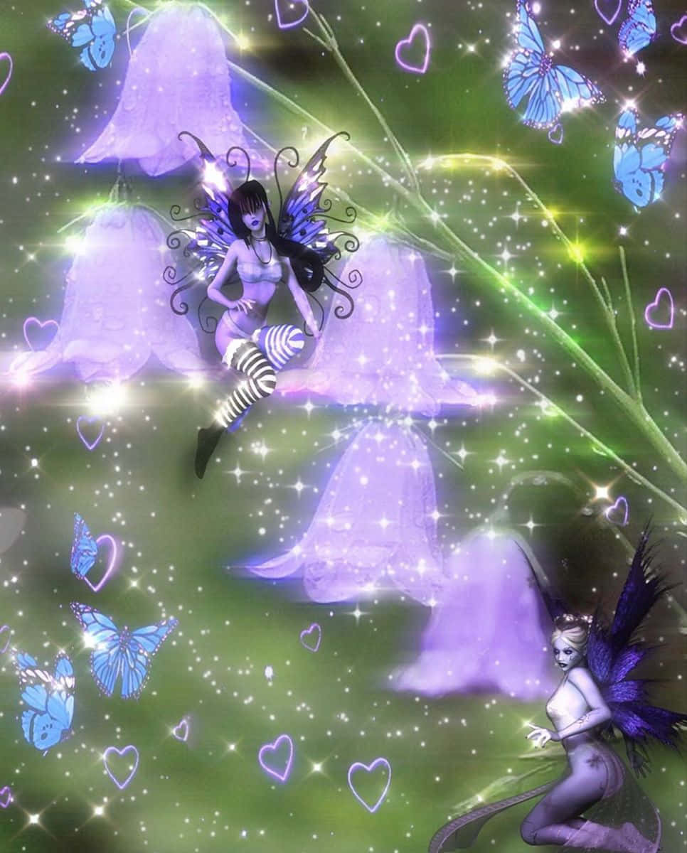 Fairycore 桌布 壁紙 — 兩隻紫色翅膀的仙子棲息在發光的風鈴花和藍色蝴蝶之間，身處閃爍的魔法森林中。