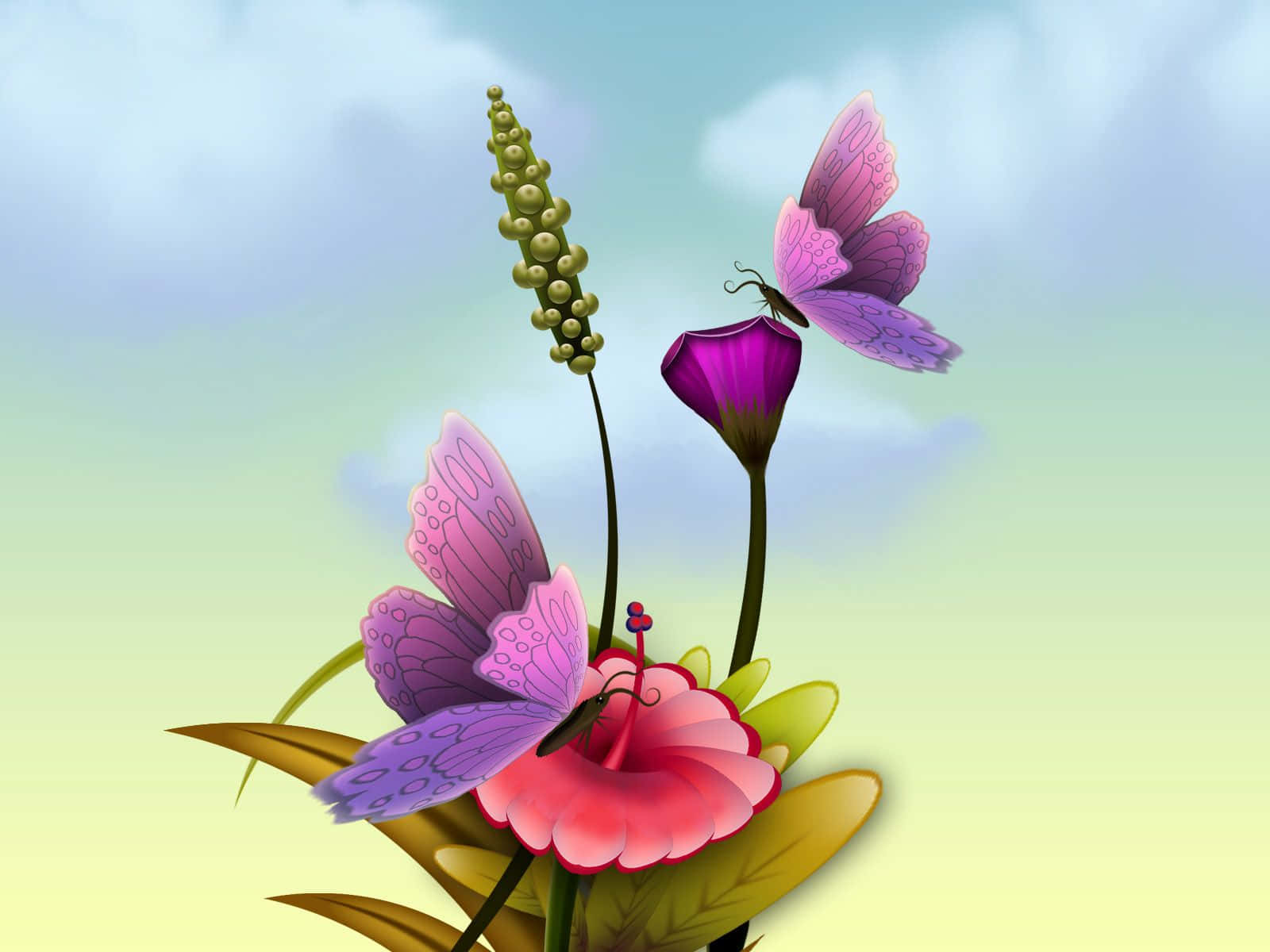 Spring Butterflies 桌布 壁紙 — 兩隻紫色蝴蝶在鮮豔的粉紅色和紫色花朵附近盤旋，背景是柔和的漸變天空。