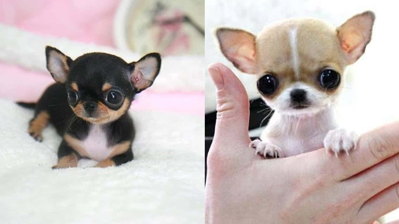 Teacup Chihuahua 桌布 壁紙 — 兩隻細小的吉娃娃，一隻黑色和褐色在毛茸茸的白色毯子上，另一隻奶油色有大眼睛在人類手上休息。