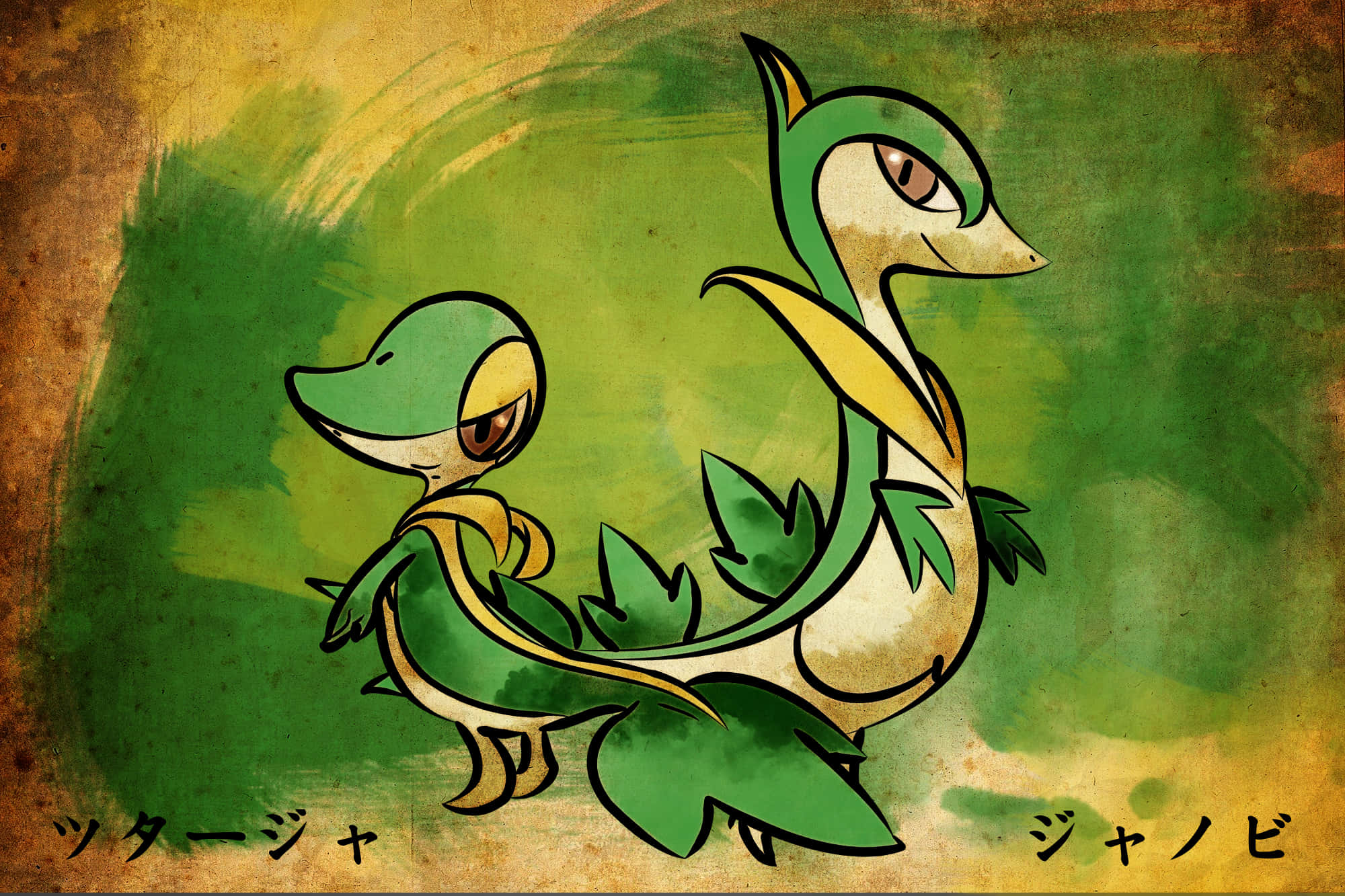 Snivy 桌布 壁紙 — 兩隻綠色葉狀寶可夢帶有黃色點綴，站在有紋理的綠色和棕色水彩背景前。