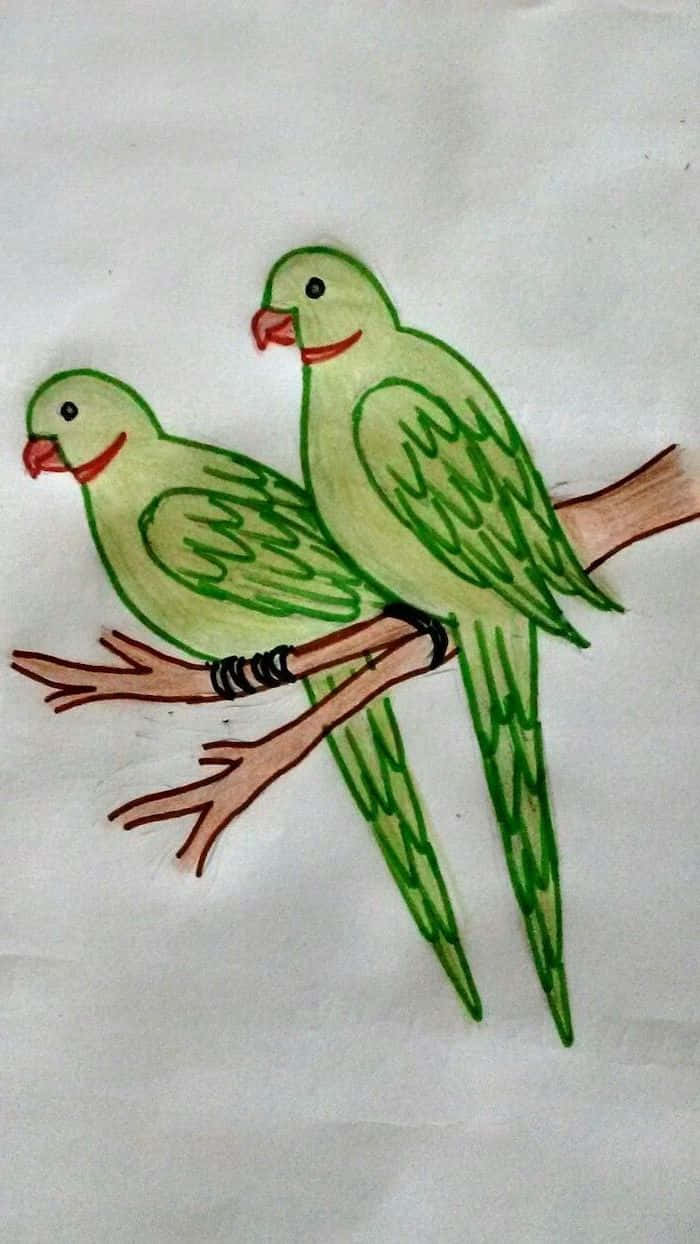 coloring 桌布 壁紙 — 兩隻綠色鸚鵡，紅色喙，棲息在棕色樹枝上，簡單的兒童繪畫風格。