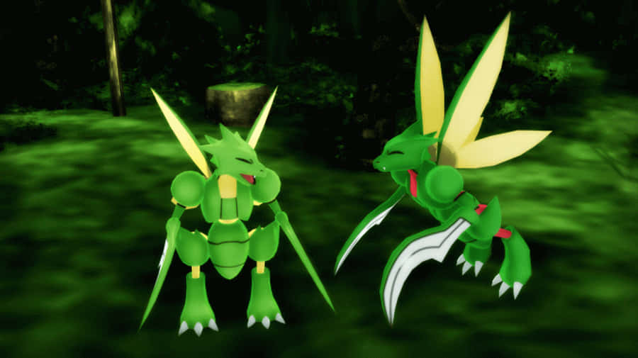 Scyther 桌布 壁紙 — 兩隻綠色龍形寶可夢站在黑暗的森林中，擁有發光的黃色翅膀和鋒利的爪子。