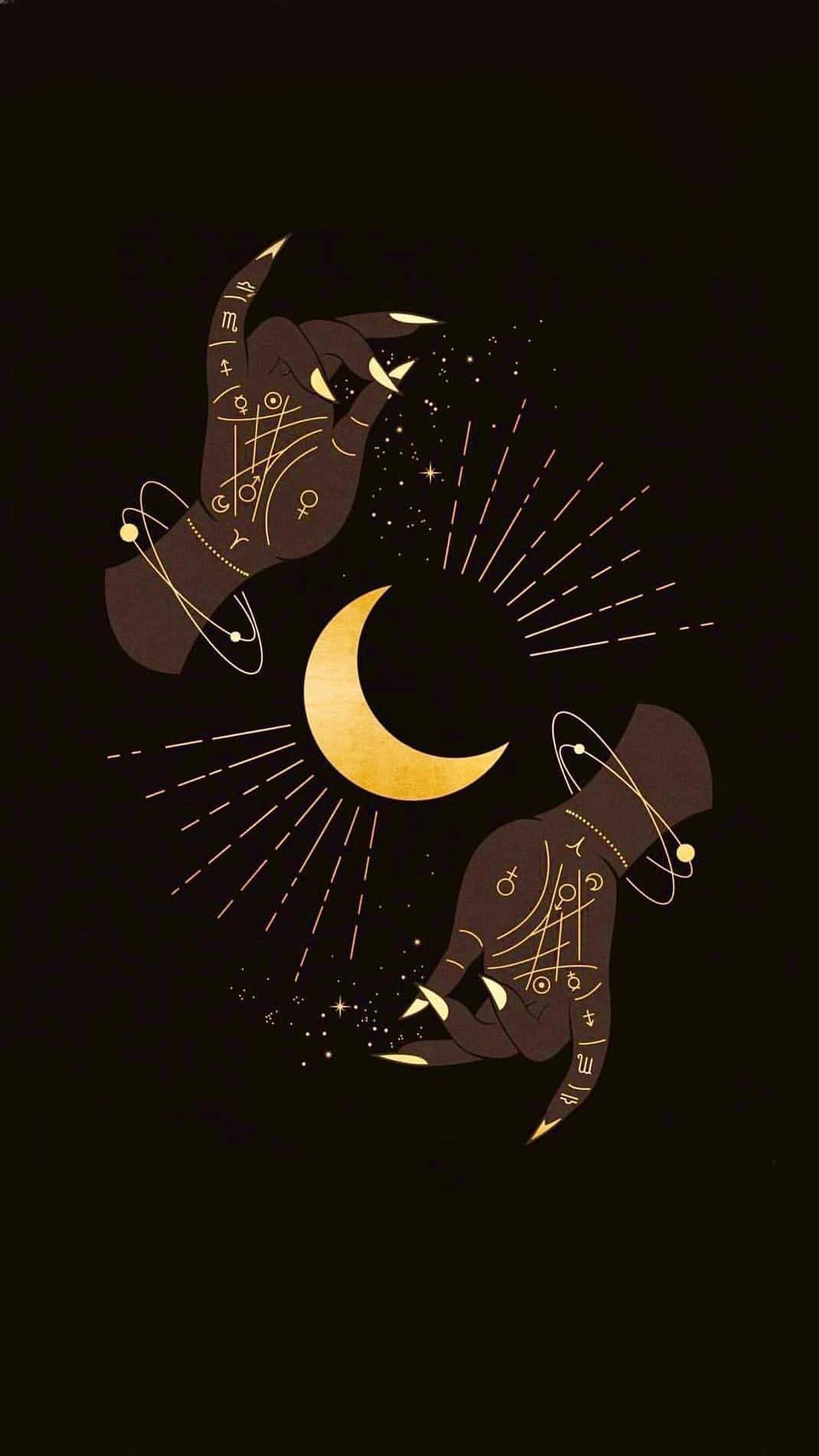 Witchy Phone 桌布 壁紙 — 兩隻繪有占星符號的插圖手，在星光閃爍的黑色背景上，輕輕托著一個發光的彎月。
