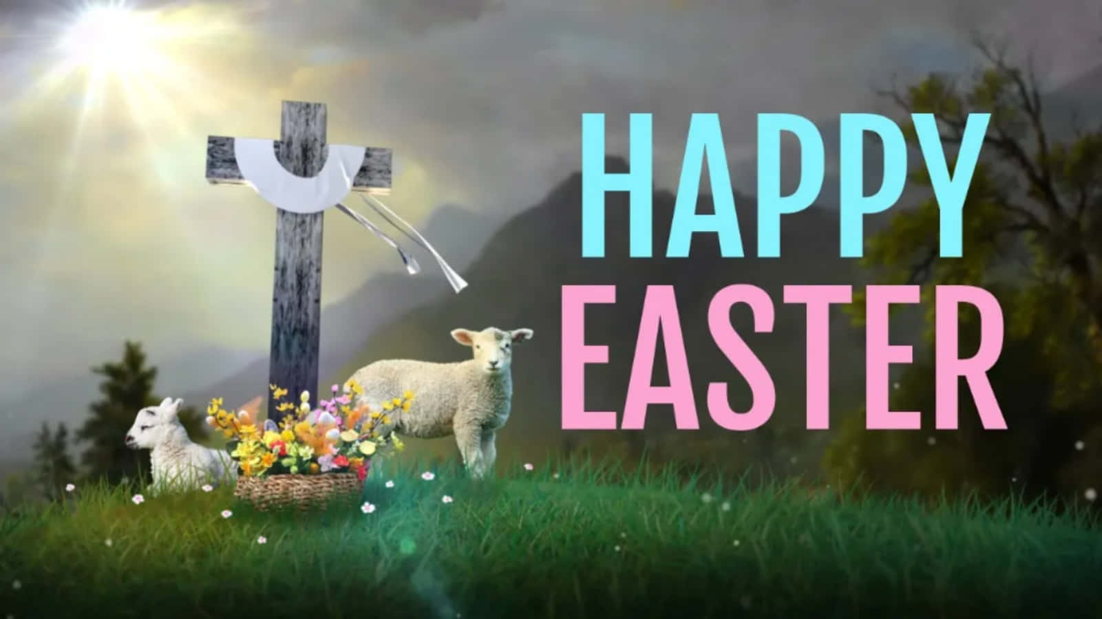Easter 桌布 壁紙 — 兩隻羊在裝飾的十字架和花籃附近吃草，陽光燦爛，草地有山巒。