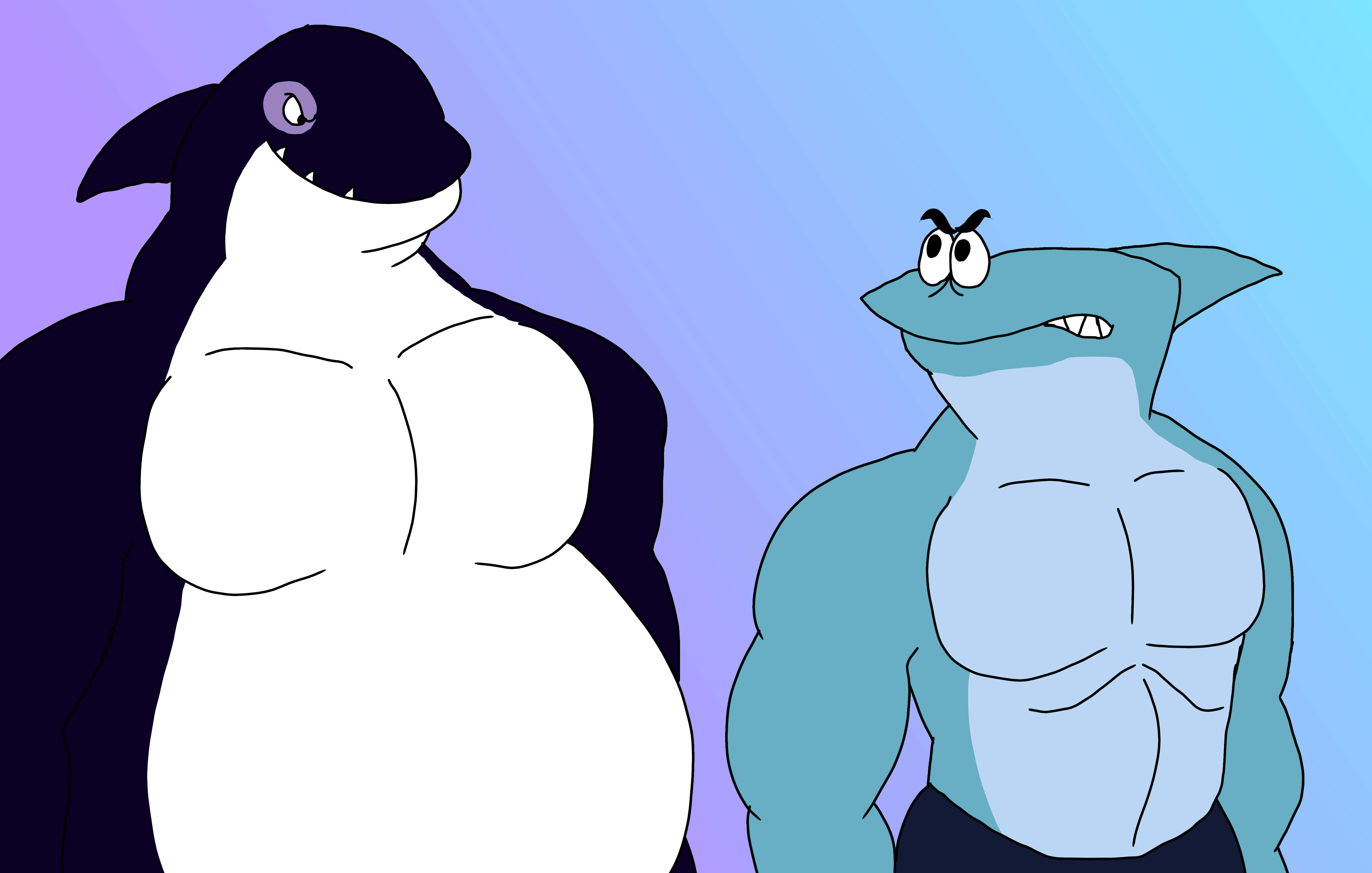 Cartoon Characters 桌布 壁紙 — 兩隻肌肉發達的擬人化卡通鯊魚，一隻黑白，另一隻藍色，在紫色到藍色的漸變背景上面對面站立。