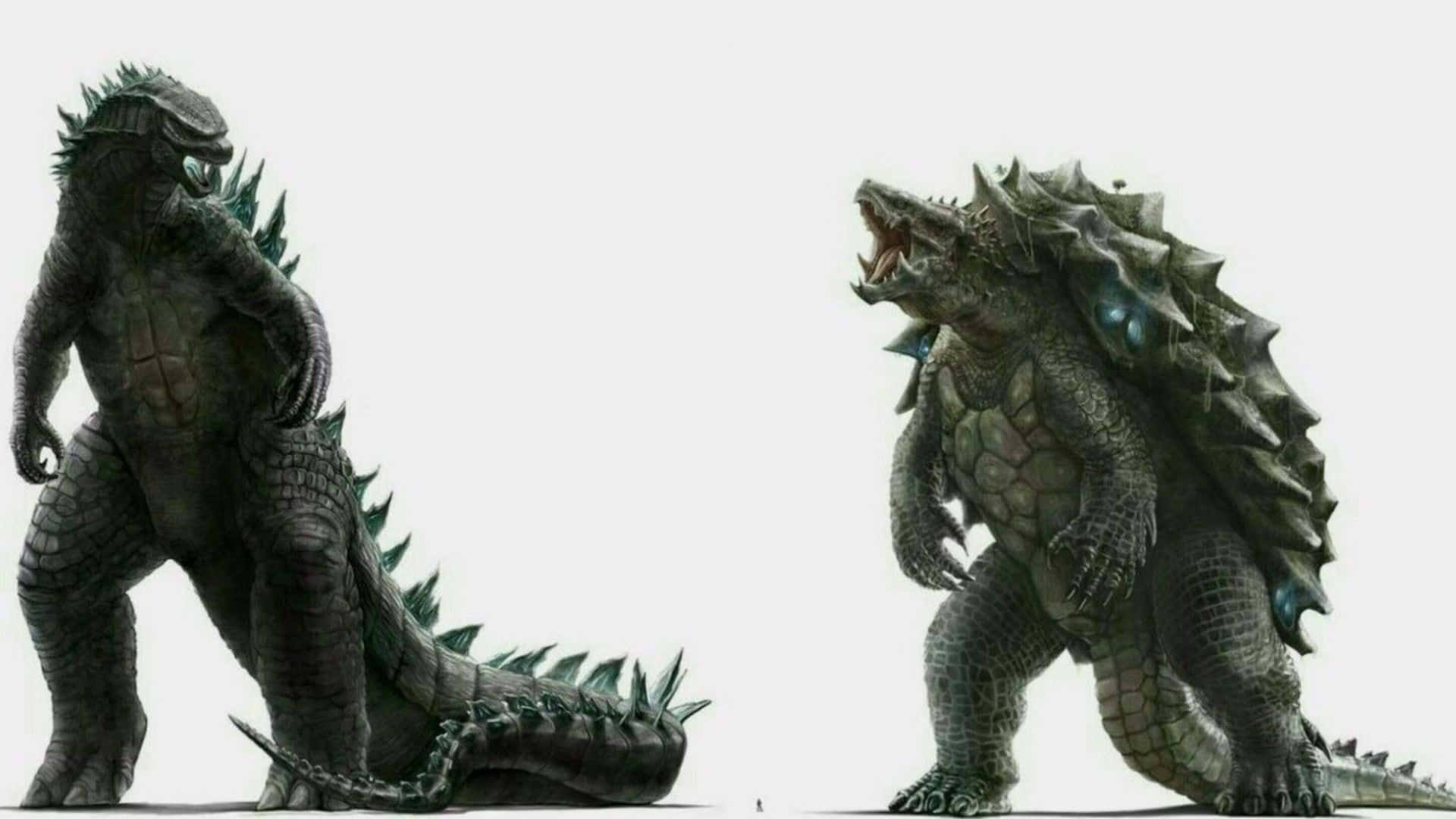 Godzilla Vs Gamera 桌布 壁紙 — 兩隻背上有尖刺的巨大爬蟲類怪物在純白色背景上面對面站立。