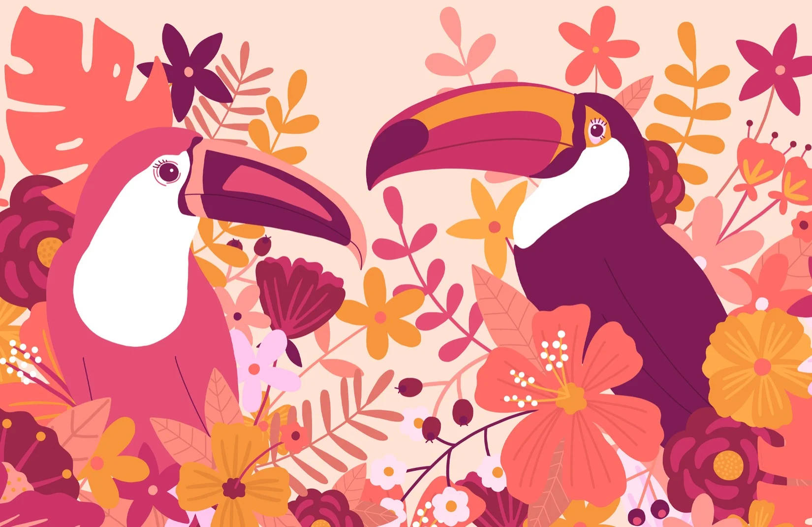 birds 桌布 壁紙 — 兩隻色彩繽紛的巨嘴鳥，擁有鮮豔的喙，棲息在溫暖粉紅和橙色調的茂盛熱帶花卉佈置中。