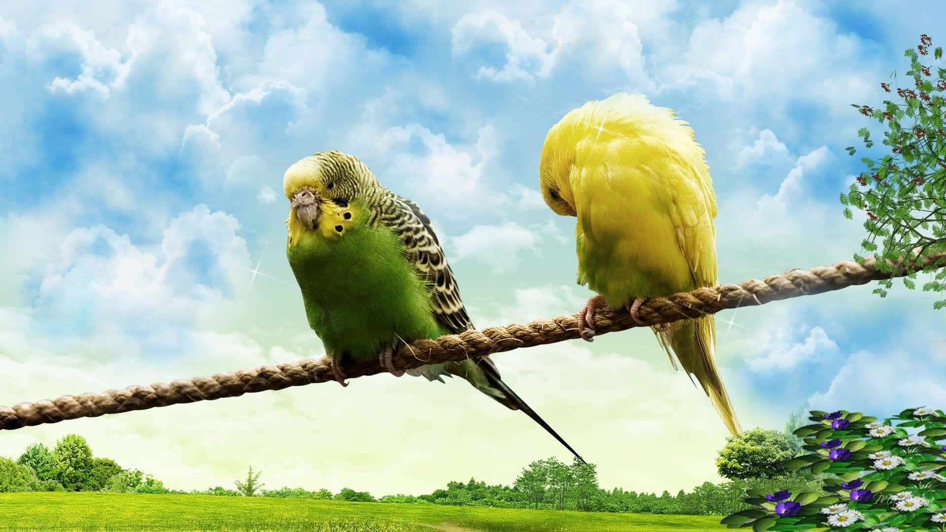 birds 桌布 壁紙 — 兩隻色彩繽紛的虎皮鸚鵡棲息在一條繩子上，背景是明亮的藍天、蓬鬆的白雲和下方的綠色草地。