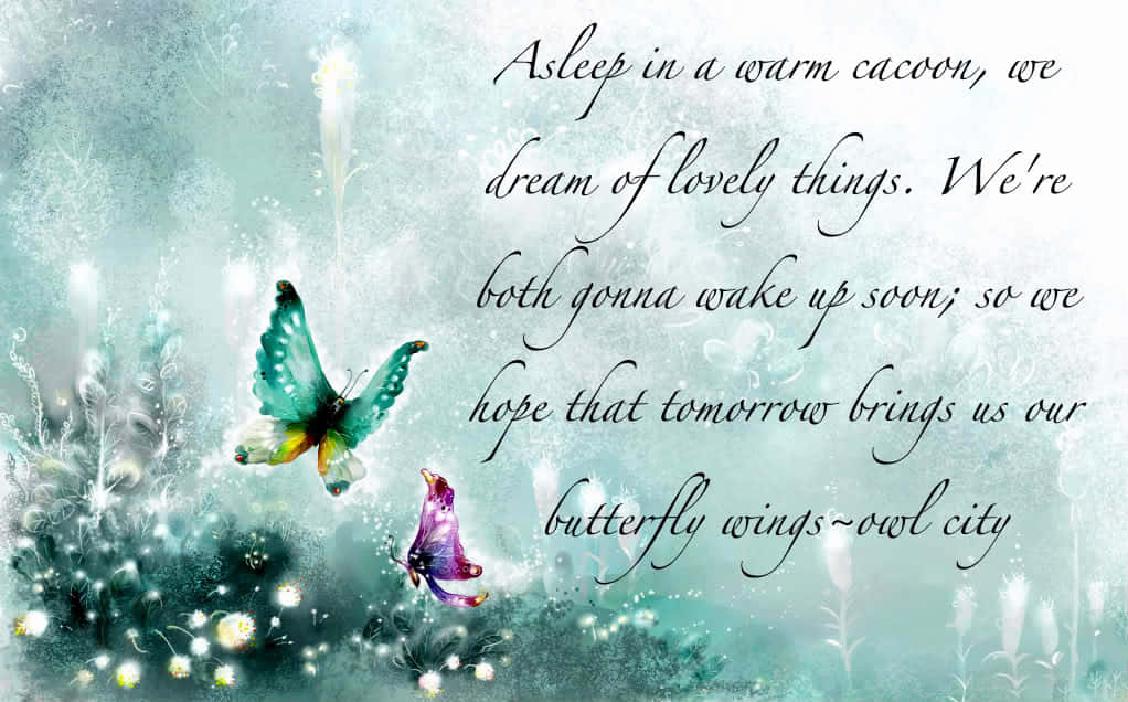 Butterfly Quotes 桌布 壁紙 — 兩隻色彩繽紛的蝴蝶在發光的花朵和柔和的薄霧中翩翩起舞，背景是夢幻般的青綠色，帶有手寫歌詞。