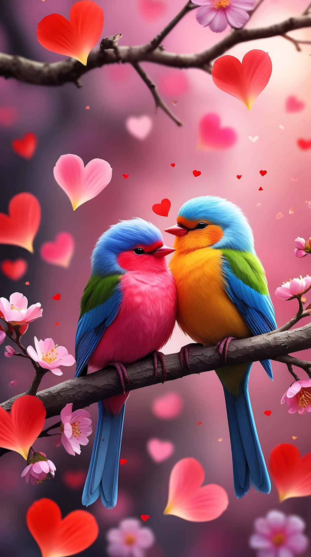 Love Birds on a Branch – Romantic Bird Wallpaper for Valentine 壁紙 — 兩隻色彩繽紛的鳥兒，藍色頭部、粉紅色胸部、綠色翅膀，棲息在樹枝上，周圍環繞著漂浮的心形和粉紅色的櫻花。