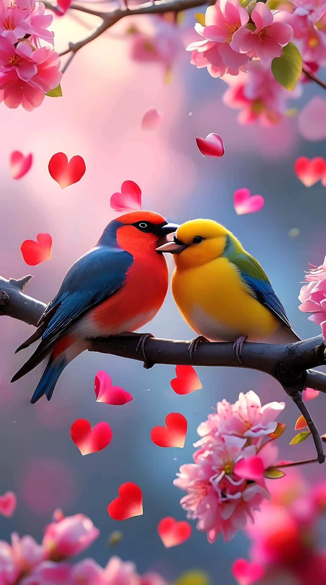 Love Birds on a Branch – Romantic Bird Wallpaper for Valentine 壁紙 — 兩隻色彩繽紛的鳥兒棲息在樹枝上，周圍飄落著粉紅色的櫻花花瓣和紅色的心形花瓣。