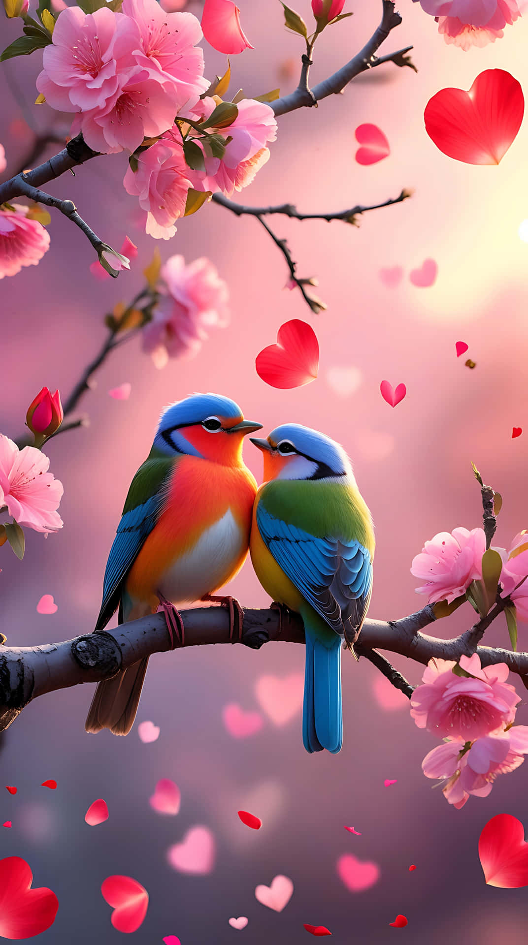 Love Birds on a Branch – Romantic Bird Wallpaper for Valentine 壁紙 — 兩隻色彩繽紛的鳥兒棲息在櫻花枝上，粉紅花瓣和紅色愛心在柔和發光的天空中飄浮。
