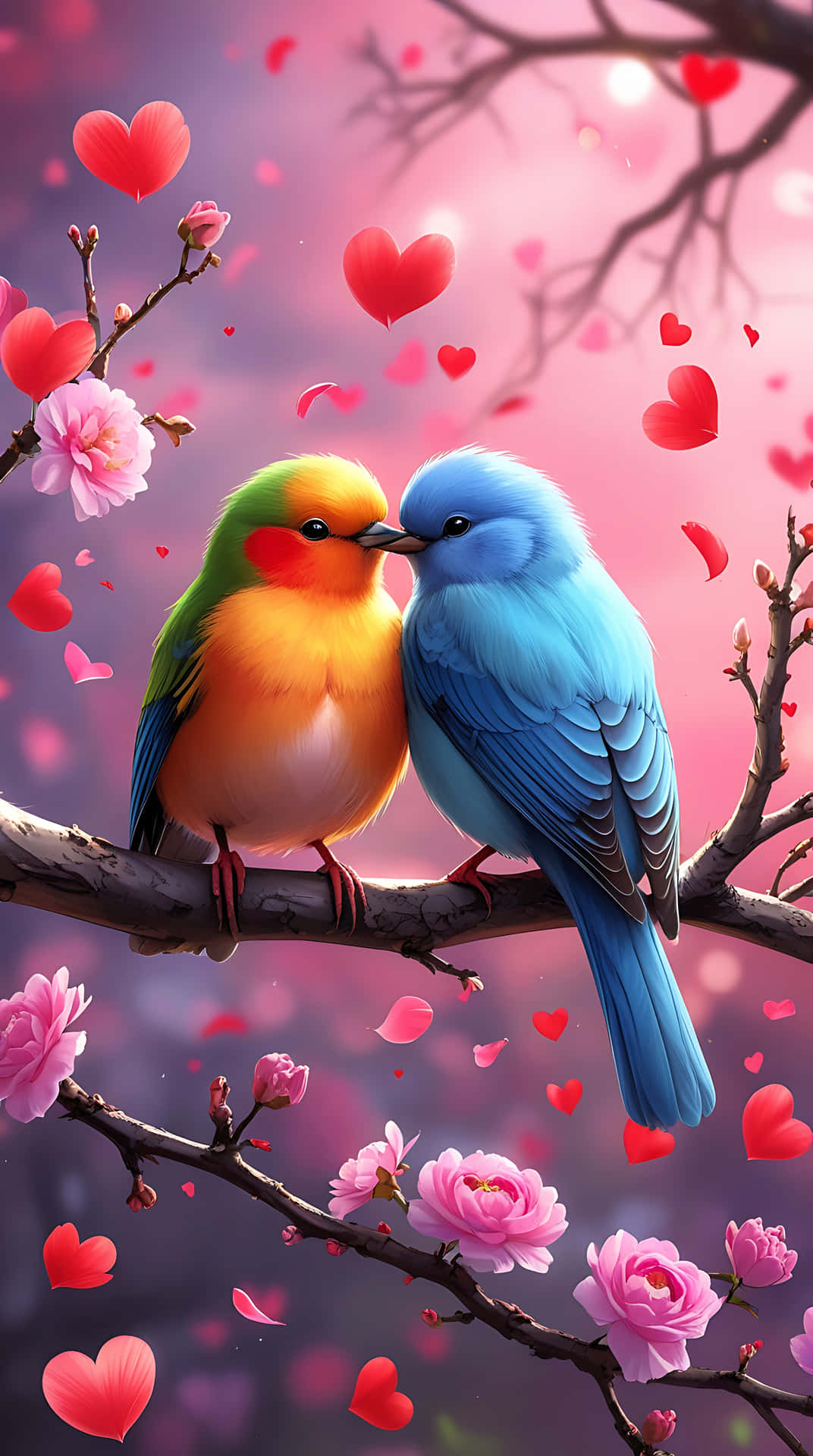 Love Birds on a Branch – Romantic Bird Wallpaper for Valentine 壁紙 — 兩隻色彩繽紛的鳥兒棲息在盛開的樹枝上，粉紅色的心形和花瓣在夢幻的暮色天空中飄蕩。