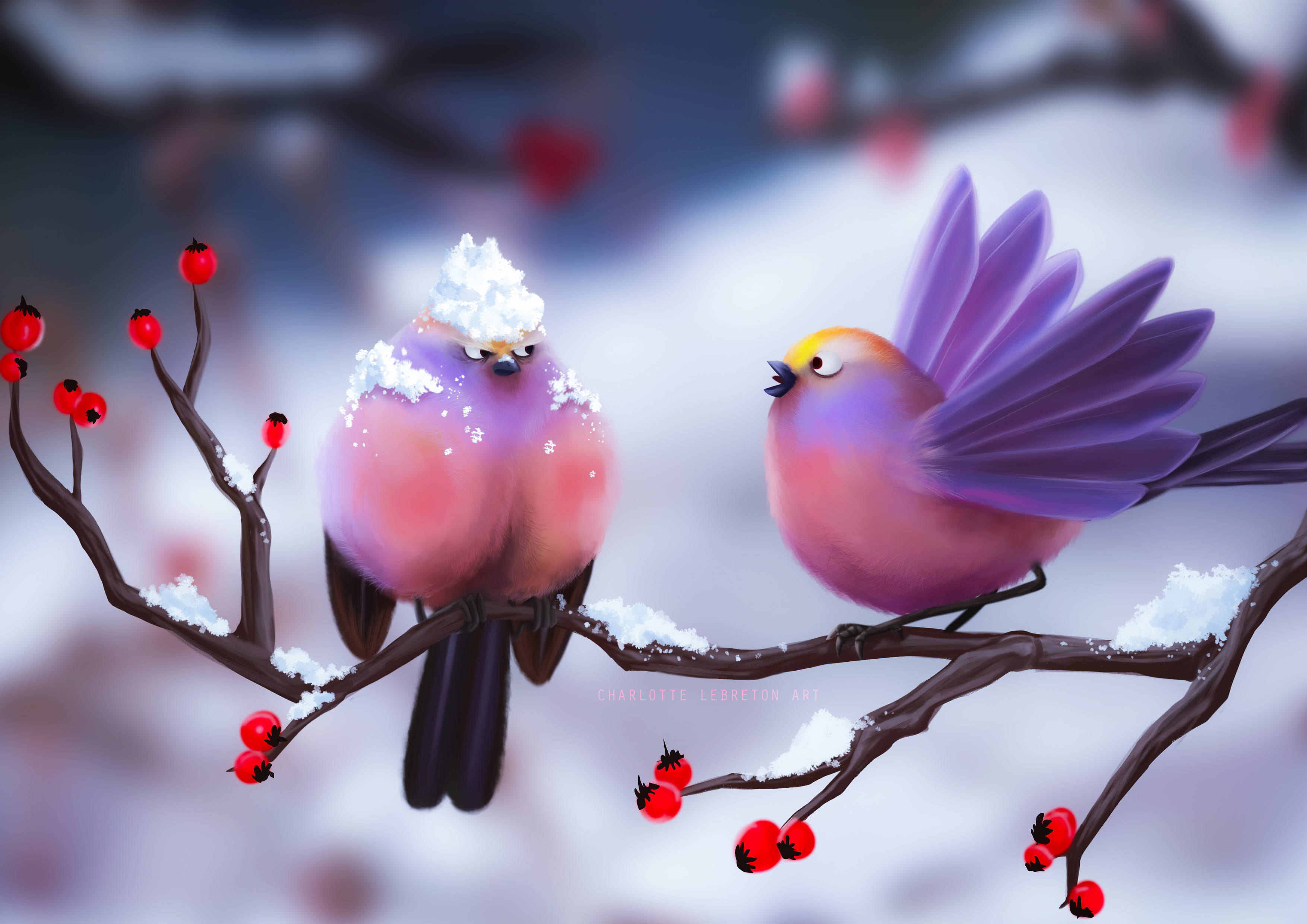 birds 桌布 壁紙 — 兩隻色彩繽紛的鳥兒棲息在點綴著紅色漿果的雪枝上，背景是柔和的冬日景色。