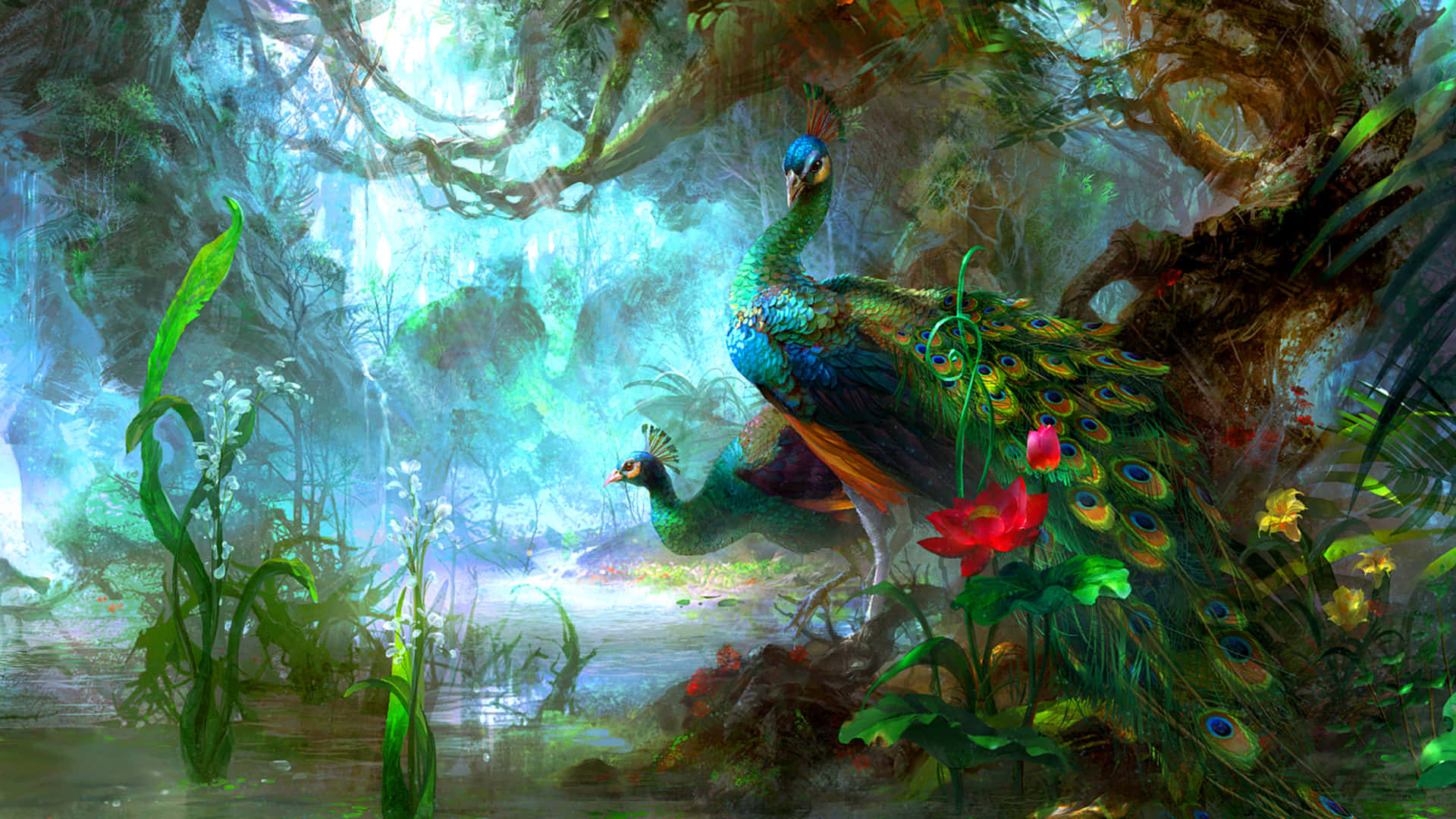 Painting 桌布 壁紙 — 兩隻色彩鮮豔的孔雀站在茂密的叢林樹葉中，古老樹木間透出閃爍的藍光。