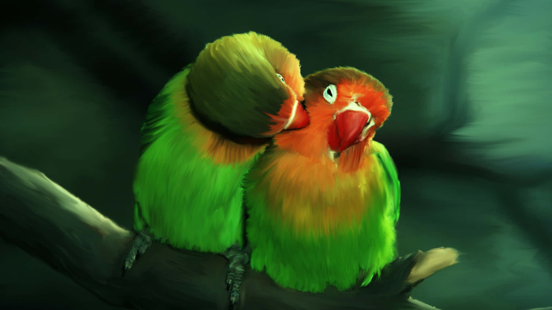 birds 桌布 壁紙 — 兩隻色彩鮮豔的愛情鳥緊貼在樹枝上，一隻依偎著另一隻，在深綠色模糊背景中展現溫柔時刻。
