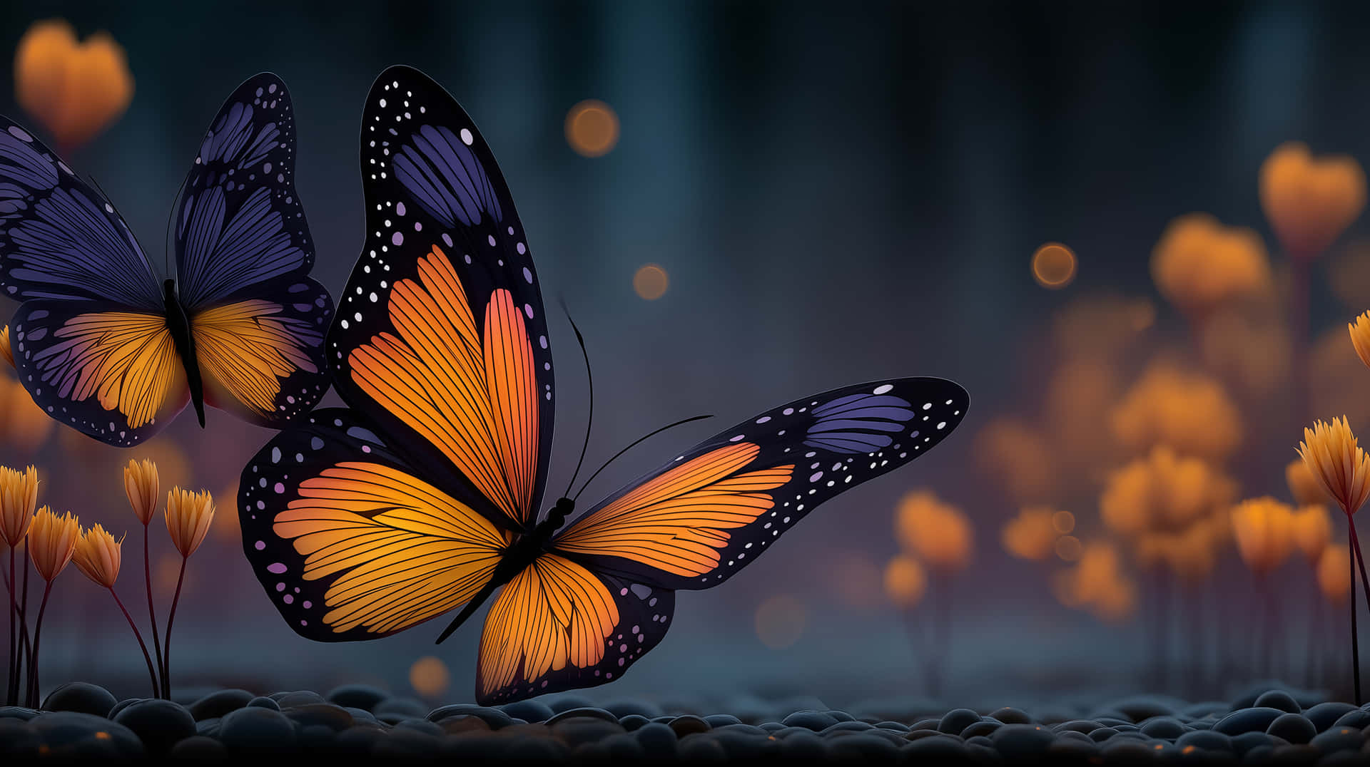 Monarch Butterflies and Radiant Flora in a Softly Lit Environment 壁紙 — 兩隻色彩鮮豔的蝴蝶，翅膀呈橙色和紫色，在霧氣朦朧的暮色中，盤旋在閃爍金色花朵間的鵝卵石上方。