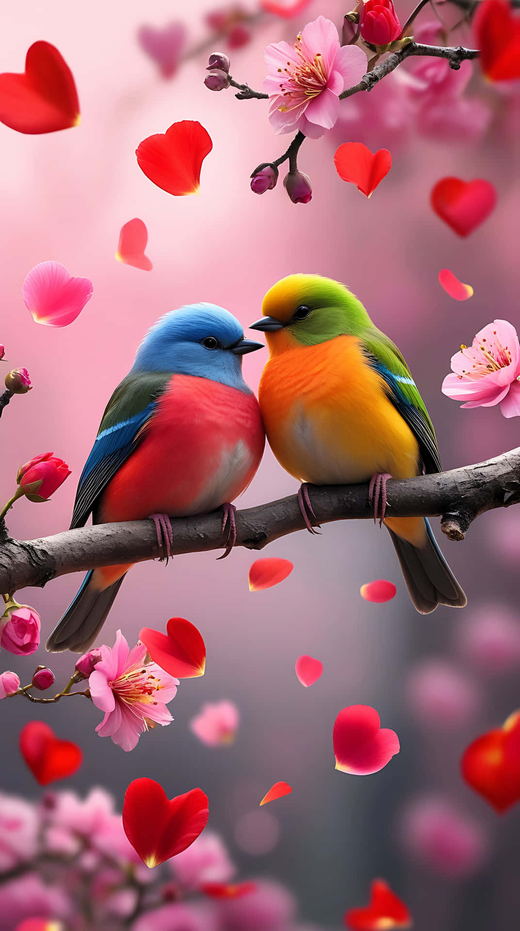 Love Birds on a Branch – Romantic Bird Wallpaper for Valentine 壁紙 — 兩隻色彩鮮豔的鳥兒棲息在樹枝上，周圍飄落著粉紅色的櫻花和紅色的心形花瓣，背景是柔和的粉紅色。