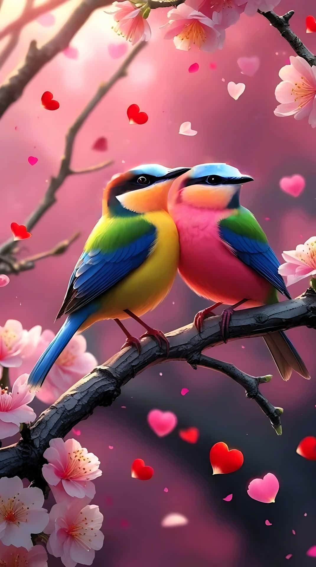 Love Birds on a Branch – Romantic Bird Wallpaper for Valentine 壁紙 — 兩隻色彩鮮豔的鳥兒棲息在櫻花枝上，粉紅色和紅色的心形在它們周圍飄浮，背景是柔和的粉紅色天空。