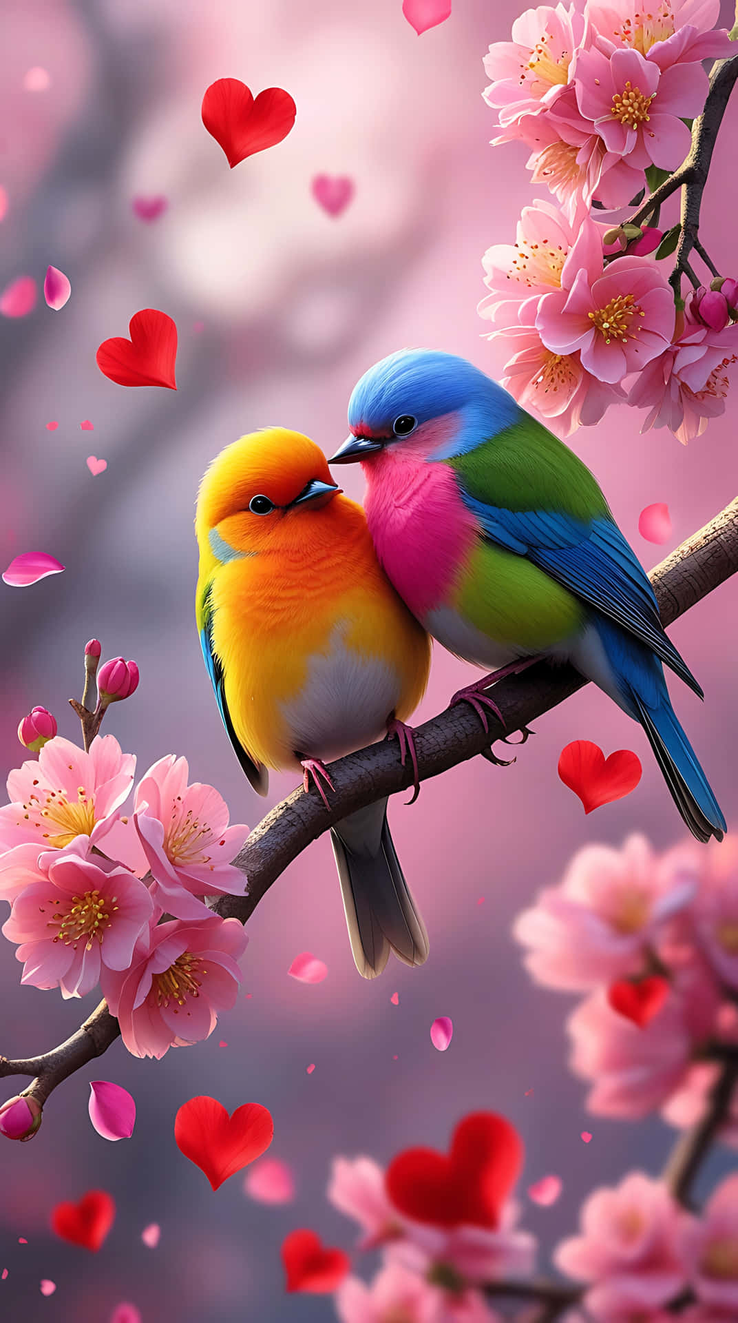 Love Birds on a Branch – Romantic Bird Wallpaper for Valentine 壁紙 — 兩隻色彩鮮豔的鳥兒棲息在櫻花枝上，紅色愛心在它們周圍漂浮，背景是柔和的粉紅色。