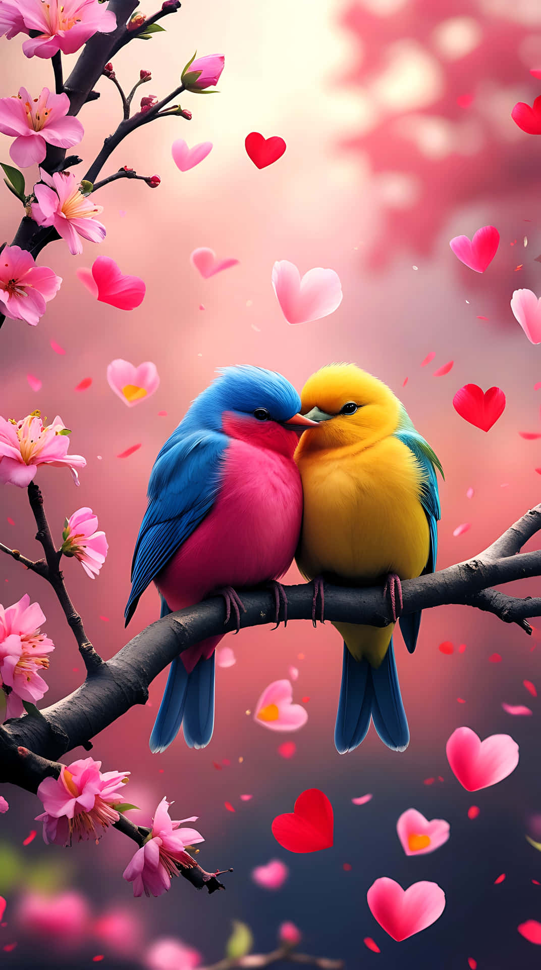 Love Birds on a Branch – Romantic Bird Wallpaper for Valentine 壁紙 — 兩隻色彩鮮豔的鳥兒棲息在櫻花枝上，粉紅色和紅色的心形在柔和發光的天空中飄浮在它們周圍。