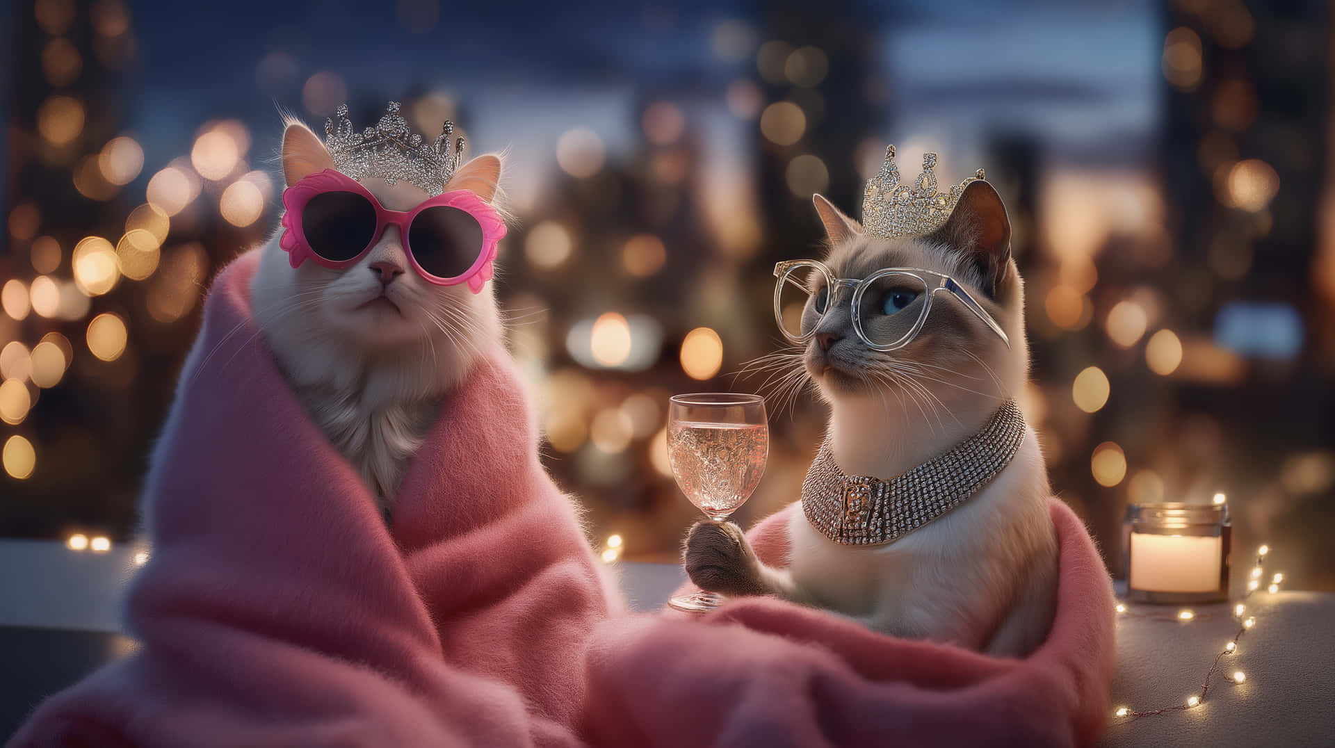 Elegant Cats Enjoying Evening Drinks with Festive Lights 壁紙 — 兩隻華麗的貓咪戴著皇冠、太陽眼鏡和鑽石項圈，在夜晚的屋頂上啜飲葡萄酒，周圍是城市燈光。