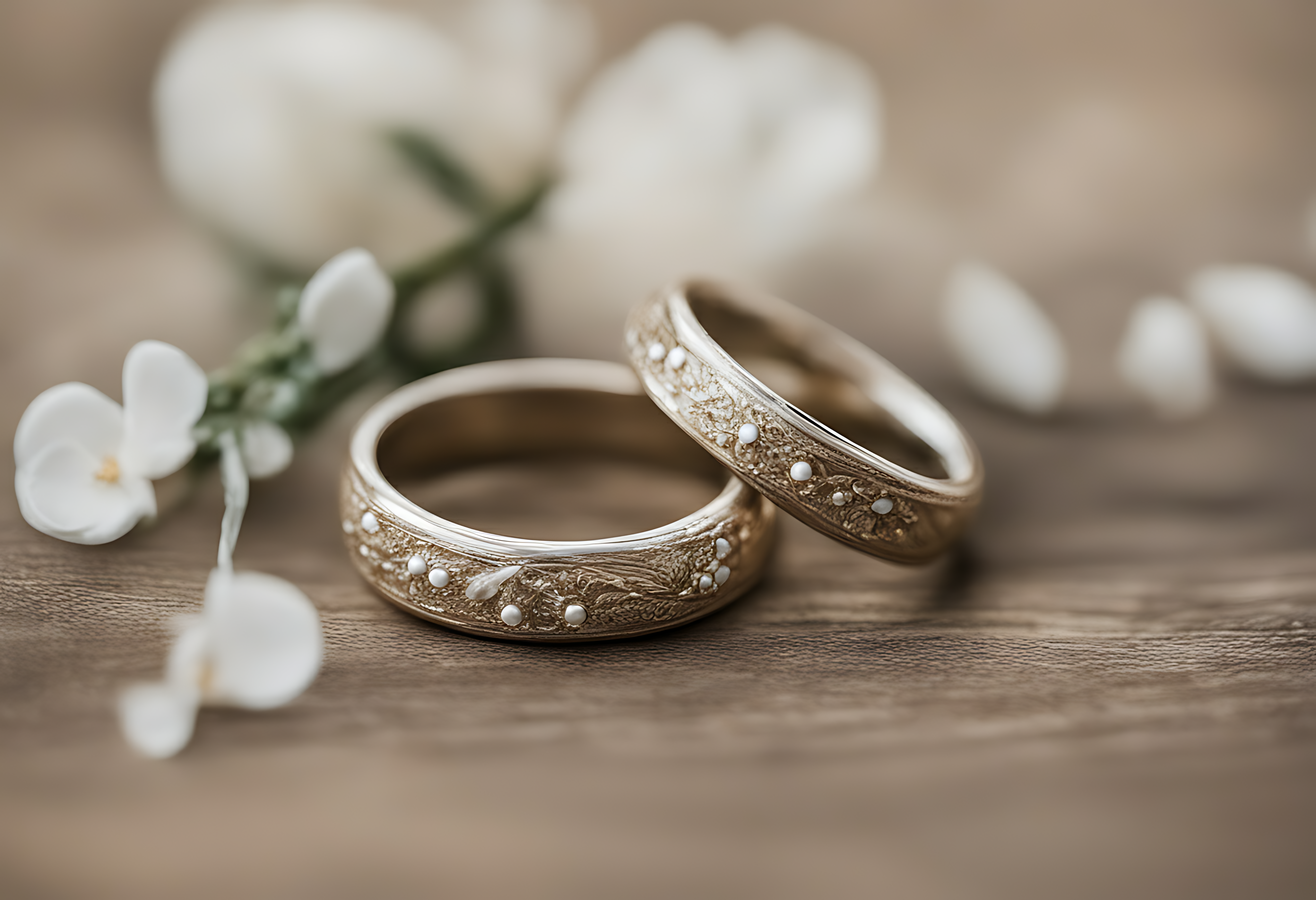 Wedding Rings 桌布 壁紙 — 兩隻華麗的金色結婚戒指帶有珍珠點綴，放置在木質表面上，旁邊是精緻的白色花朵。
