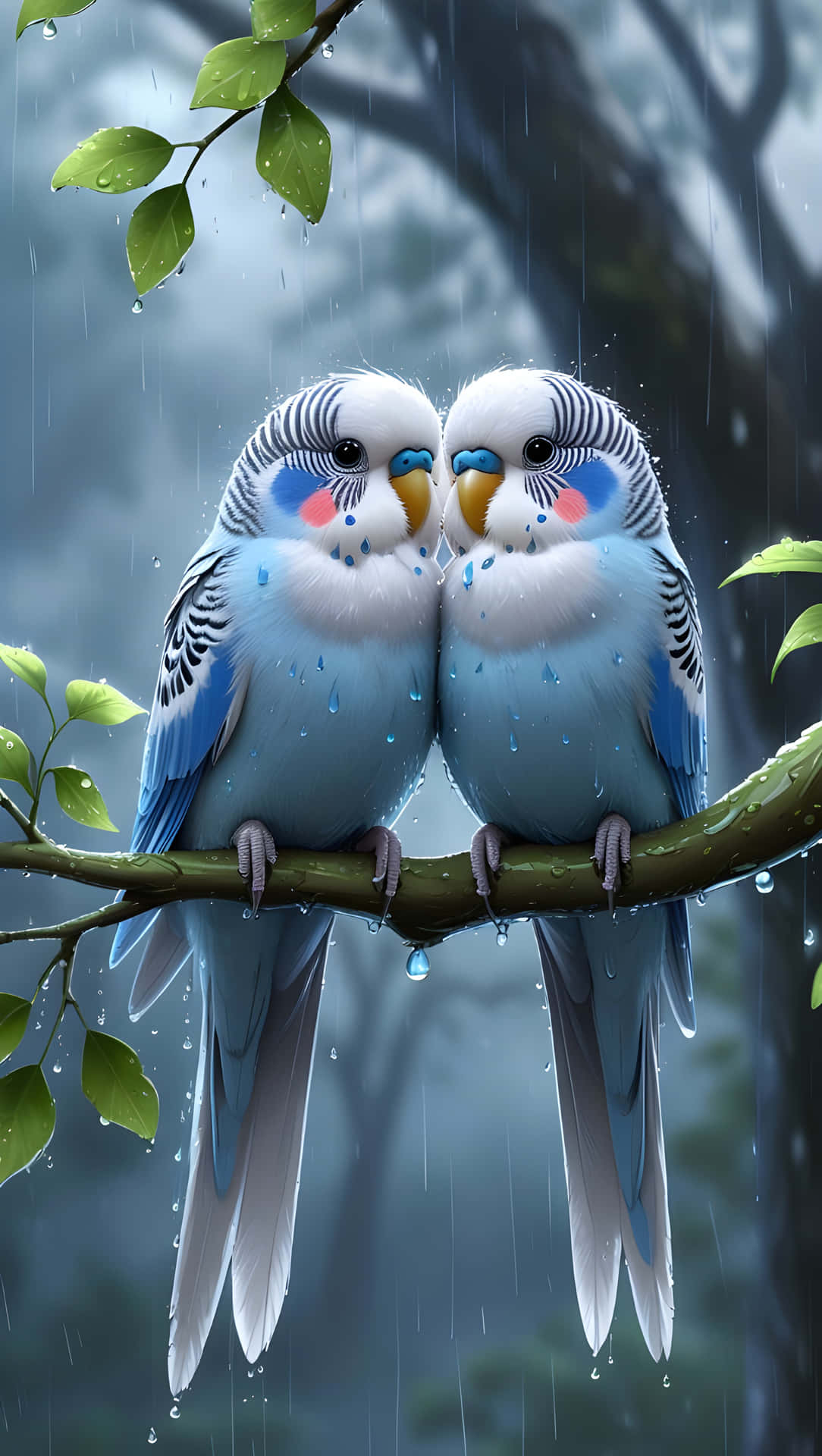 Adorable Blue and White Parakeets in a Rainy Forest 壁紙 — 兩隻藍白色虎皮鸚鵡在霧氣籠罩的森林樹冠下，緊貼著站在被雨水打濕的樹枝上。