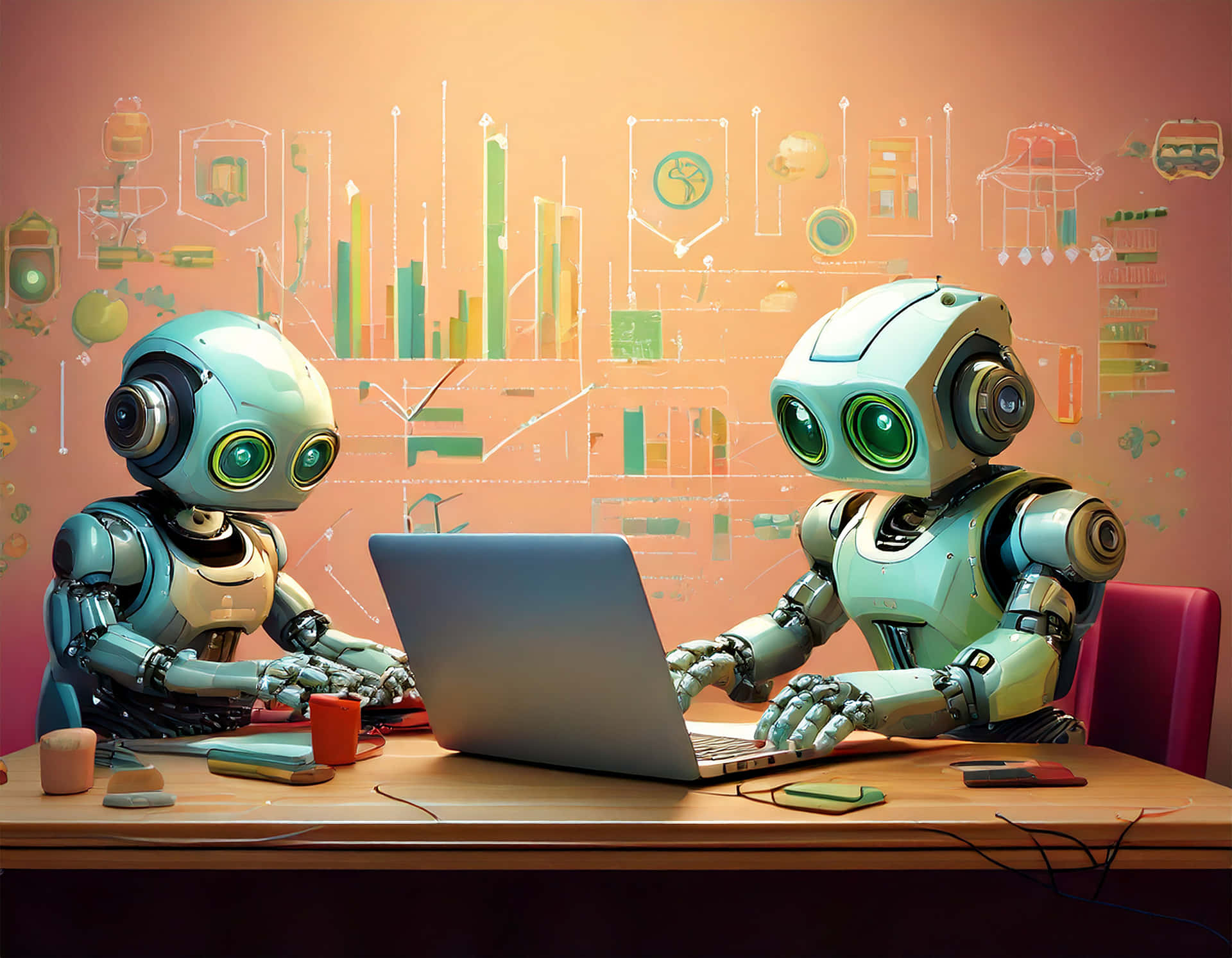 Tiny robots 壁紙 — 兩隻藍綠色機器人，眼睛發出綠色光芒，在一張木桌上使用筆記型電腦，周圍環繞著浮動的數據可視化圖表。