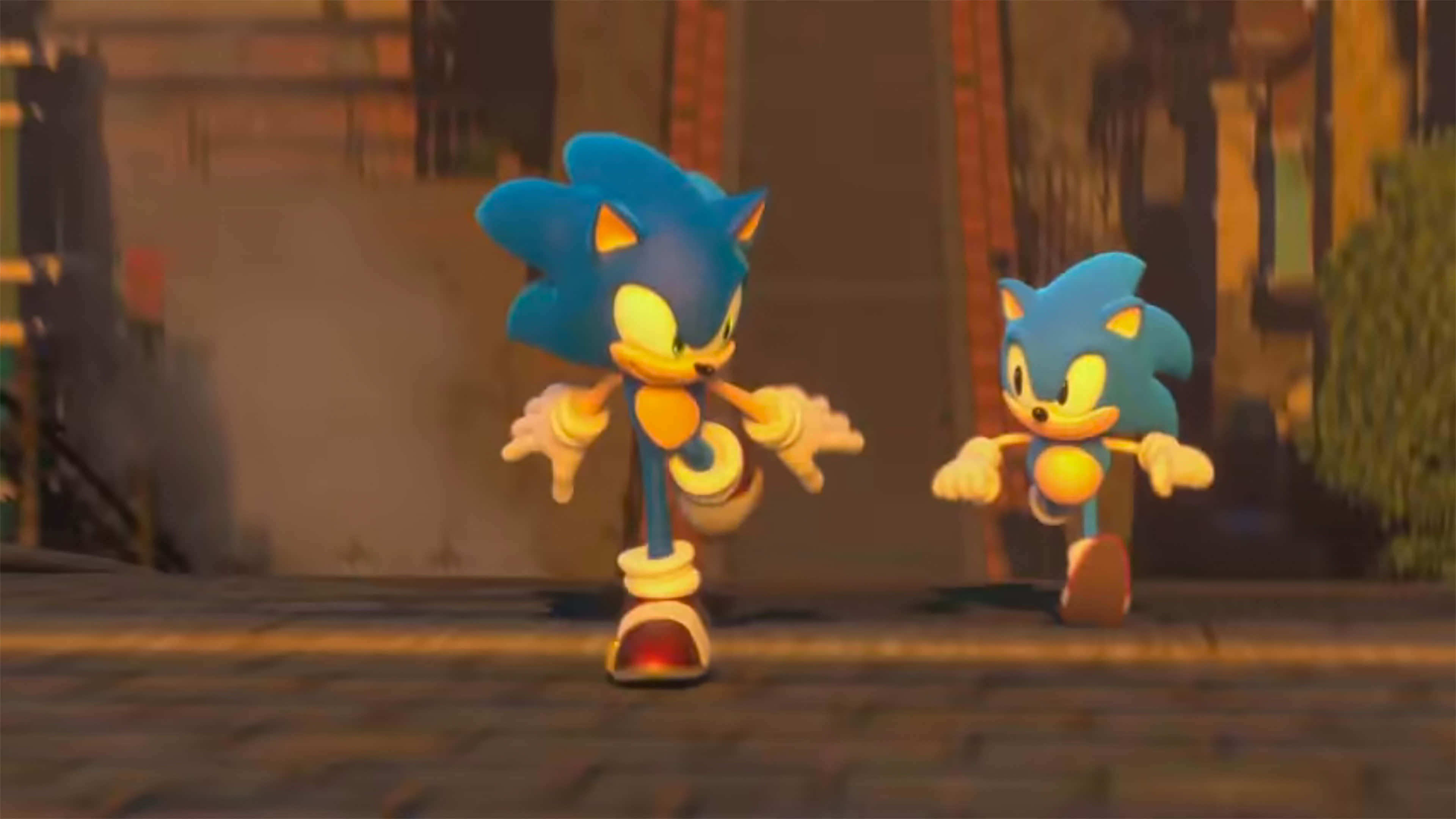 Classic Sonic 桌布 壁紙 — 兩隻藍色刺蝟並肩跑過一條鋪滿鵝卵石的街道，沐浴在溫暖的金色光芒中。