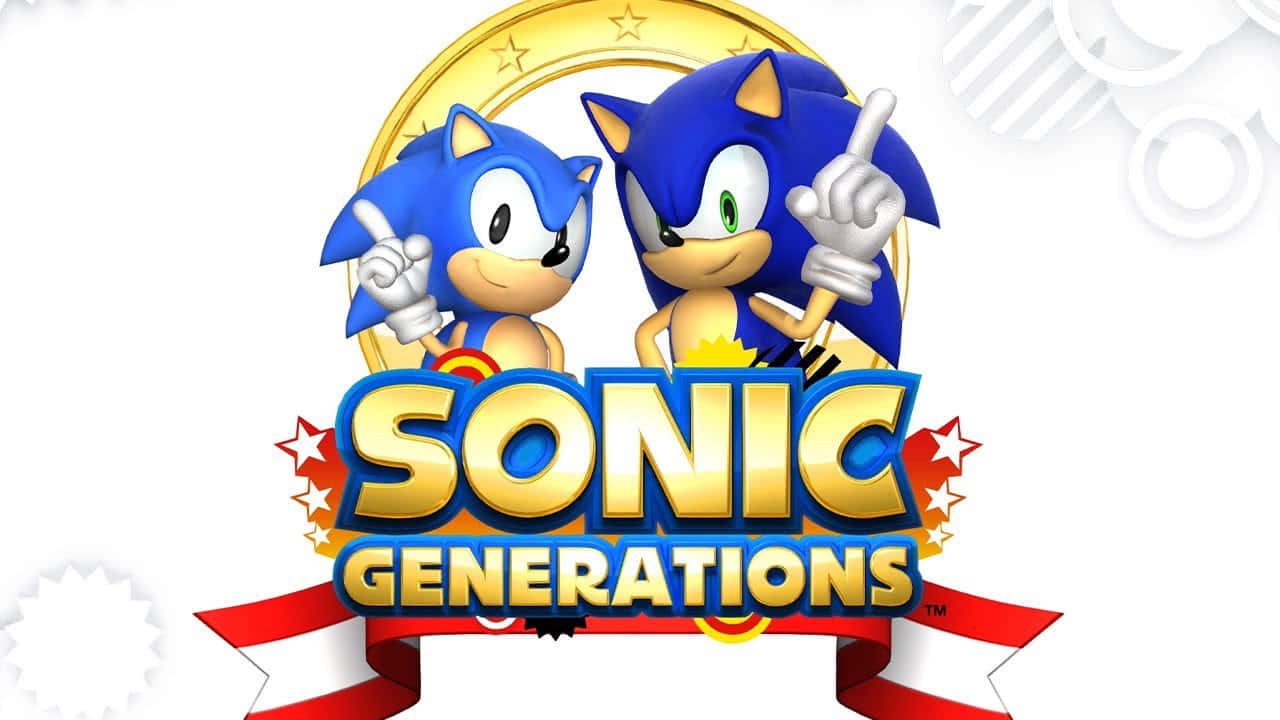 Sonic Generations 桌布 壁紙 — 兩隻藍色刺蝟以經典電玩藝術風格自信地擺姿勢，身後是帶有紅色絲帶和星星的金色 'Sonic Generations' 標誌。