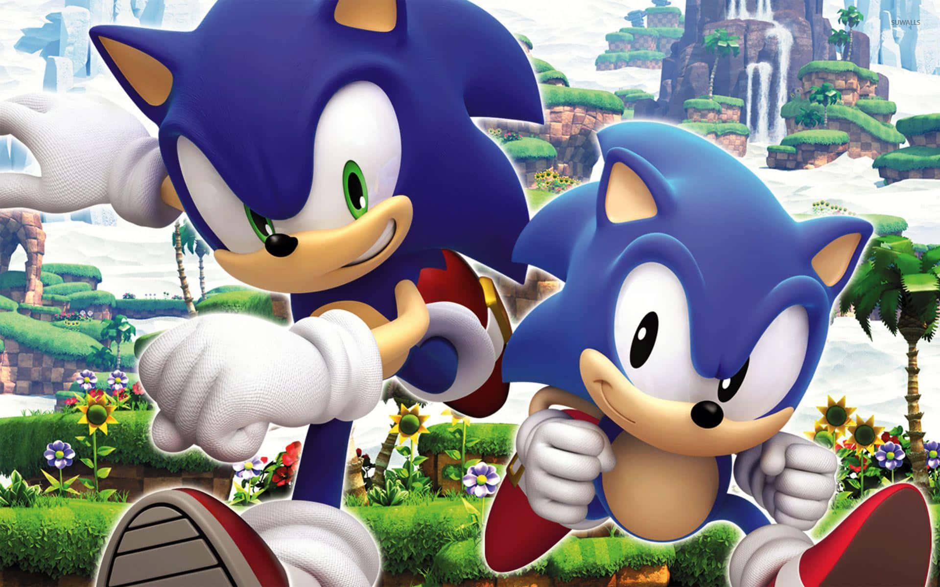 Sonic Generations 桌布 壁紙 — 兩隻藍色刺蝟在充滿瀑布和色彩繽紛花朵的鮮綠色景觀中奔馳。