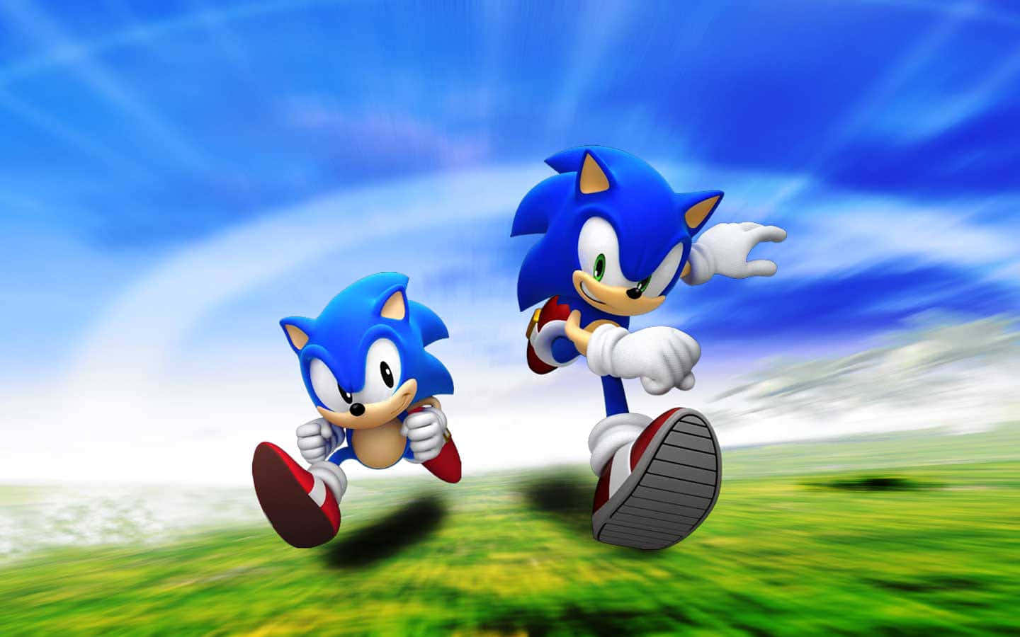 Sonic The Hedgehog 桌布 壁紙 — 兩隻藍色刺蝟在動態模糊的藍天下，於充滿活力的綠色田野上競賽。