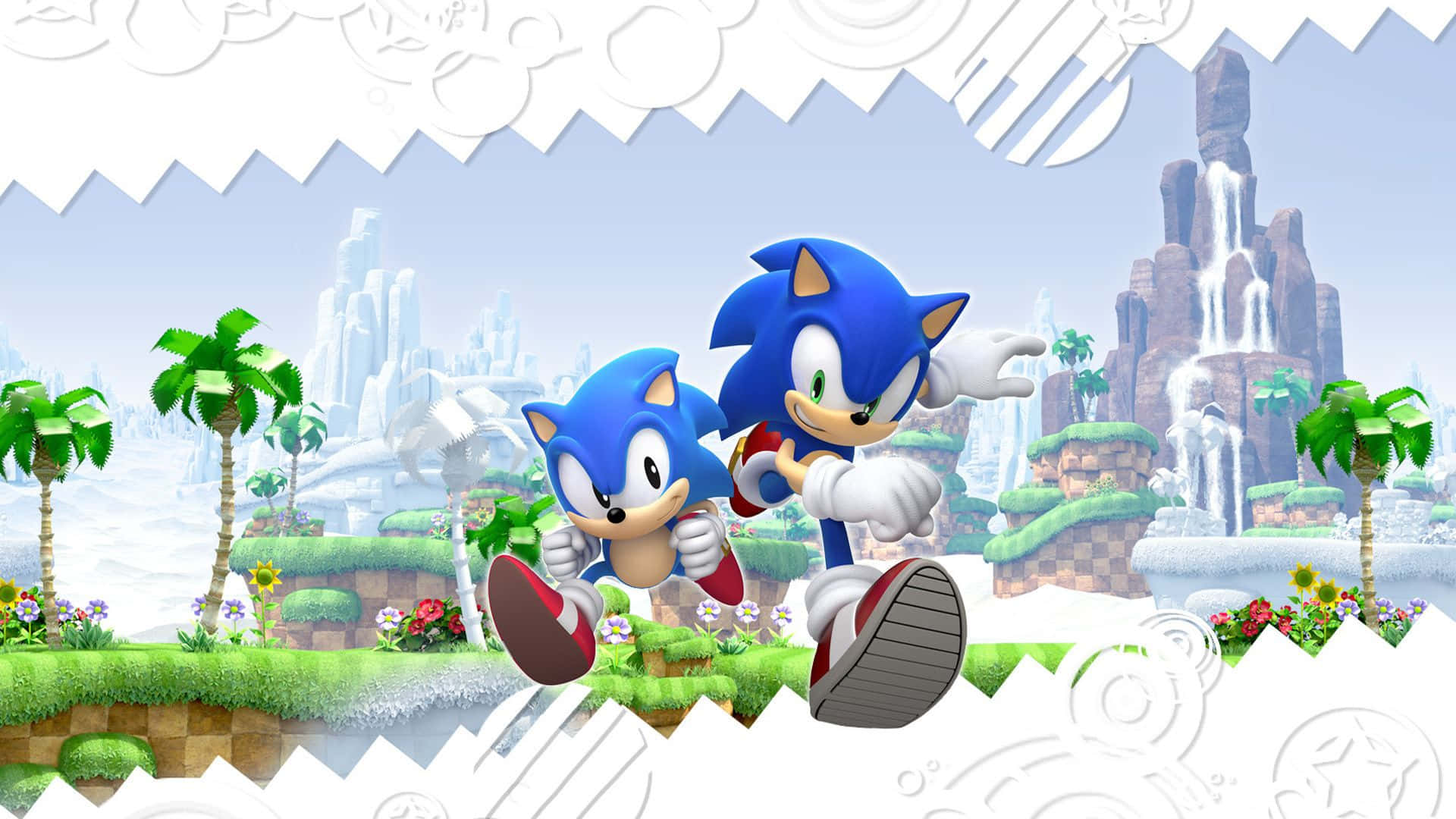 Sonic Adventure HD 桌布 壁紙 — 兩隻藍色刺蝟在明亮的天空下，穿過一個有棕櫚樹、瀑布和漂浮岩石的充滿活力綠色島嶼上競賽。