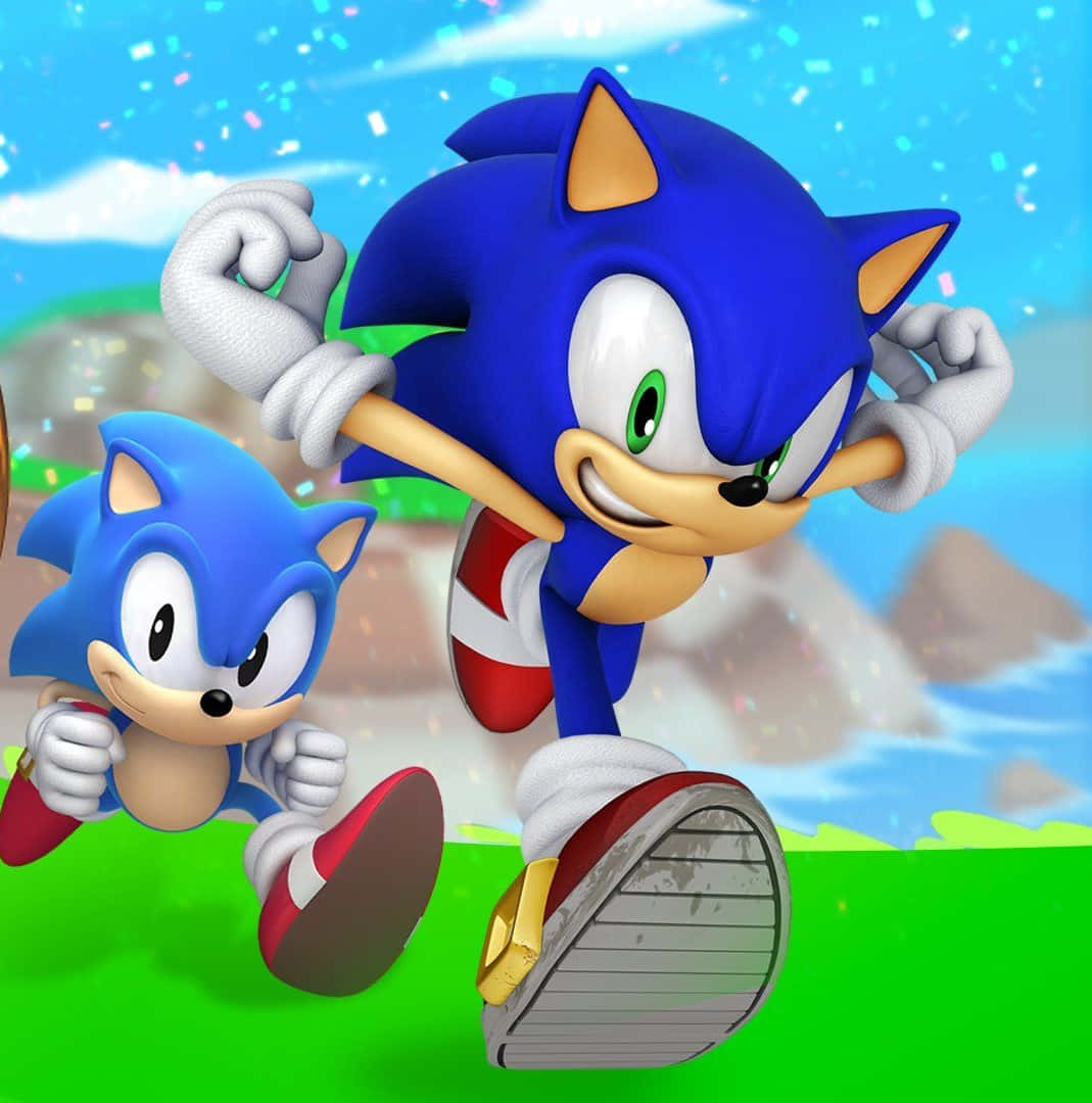 Sonic Dash 桌布 壁紙 — 兩隻藍色刺蝟在明亮的藍天和飄落的五彩紙屑下，充滿活力地跑過一片翠綠的田野。