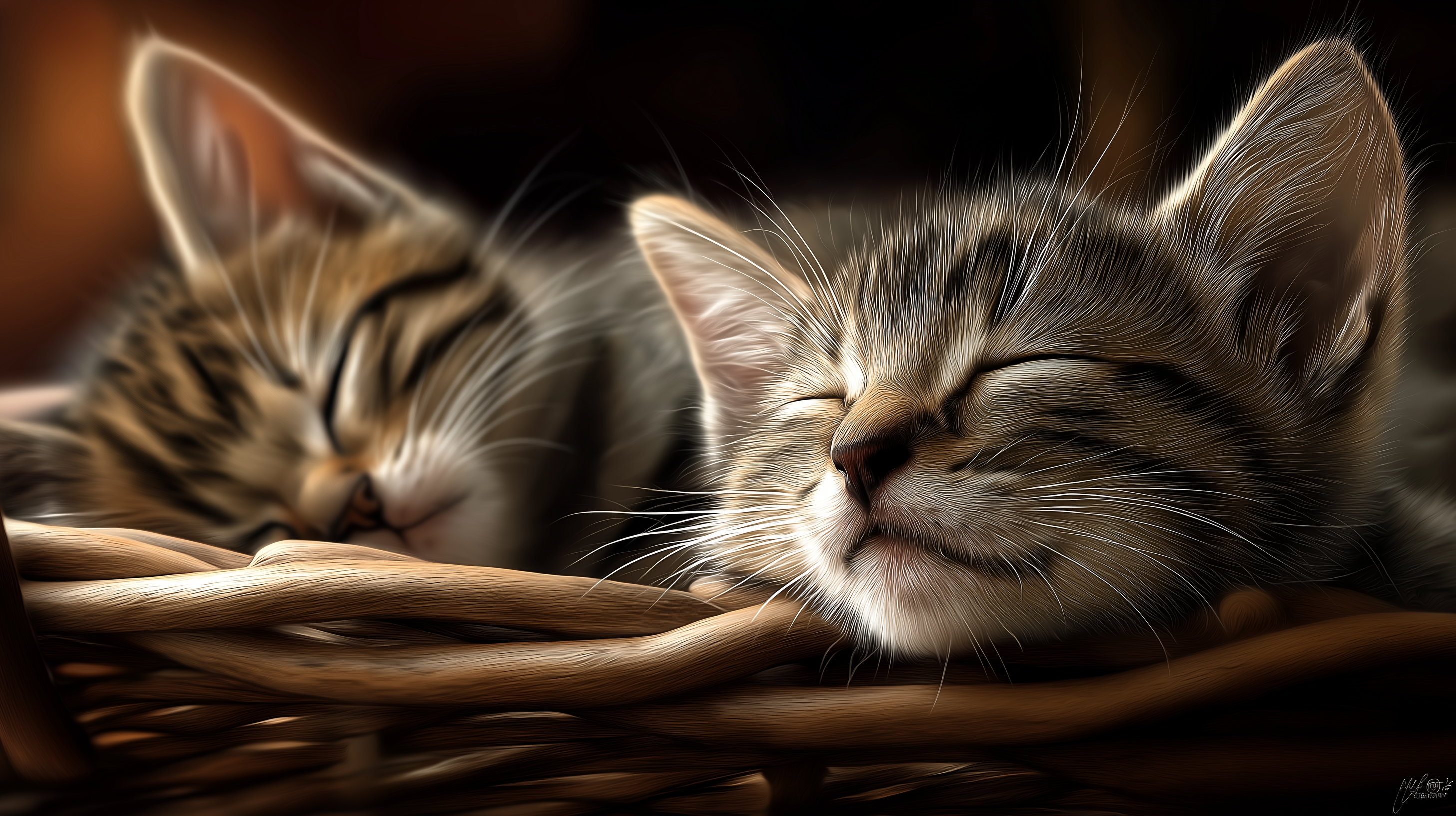 Cats 桌布 壁紙 — 兩隻虎斑小貓閉著眼睛，在溫暖的金色光芒中安然睡在編織柳條籃裡。