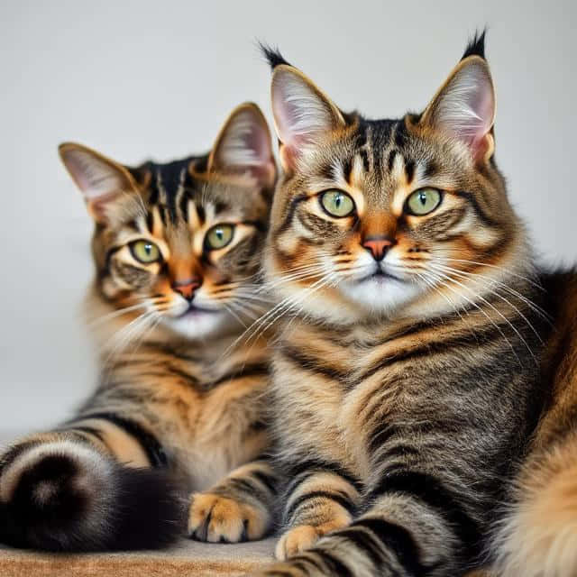 Main Coon 壁紙 — 兩隻虎斑貓，綠色眼睛，條紋毛皮，緊貼著坐在淺色表面上，背景是純灰色。