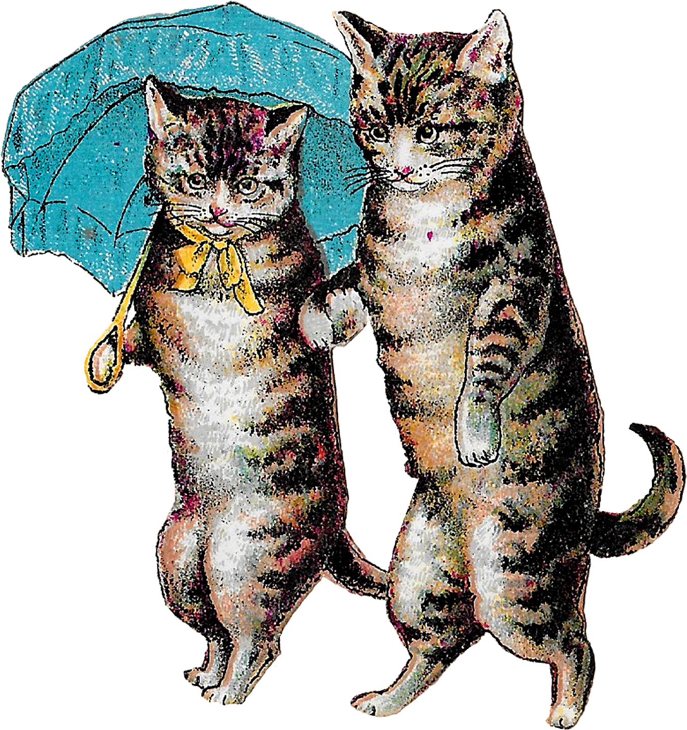 Cat Drawing 桌布 壁紙 — 兩隻虎斑貓直立站立，手持一把藍色雨傘，傘柄為黃色，背景為黑色。