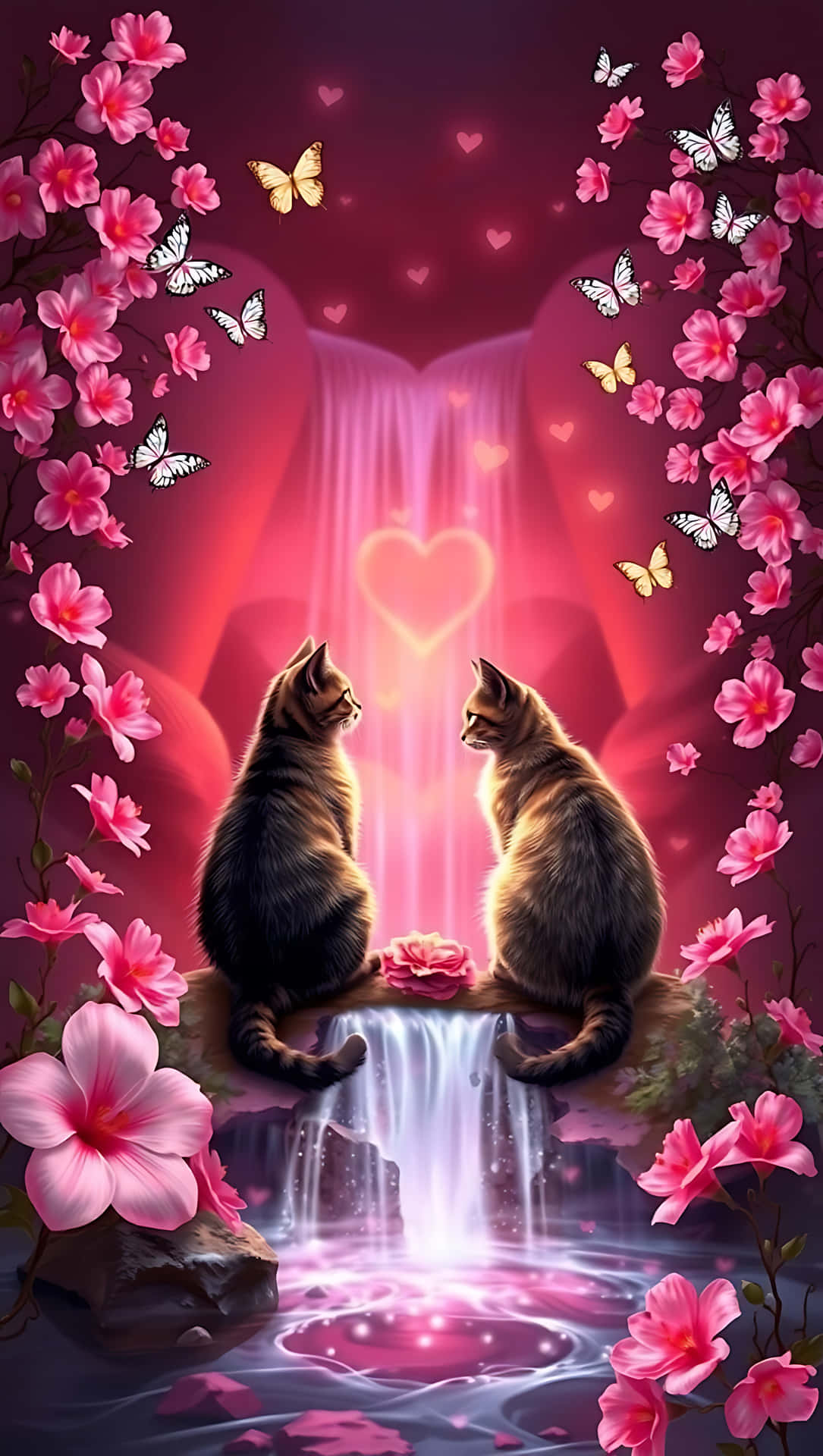 Valentine’s Serenity: Cats and Love Glow. smartphone wallpaper 壁紙 — 兩隻虎斑貓面對面坐在瀑布邊緣，周圍環繞著粉紅色的櫻花和翩翩起舞的蝴蝶，下方是發光的愛心形瀑布。