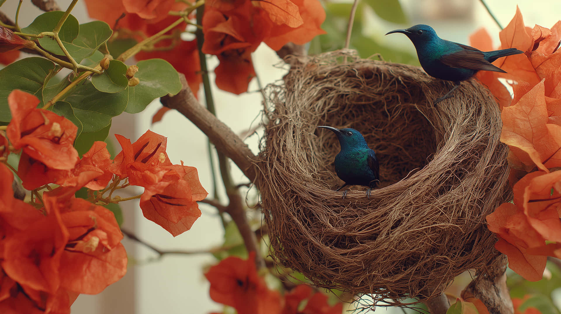 Vibrant Sunbirds Perched by a Nest Amidst Bougainvillea 壁紙 — 兩隻虹彩藍鳥棲息在一個編織的巢中，周圍環繞著鮮豔的橙色九重葛和綠葉。