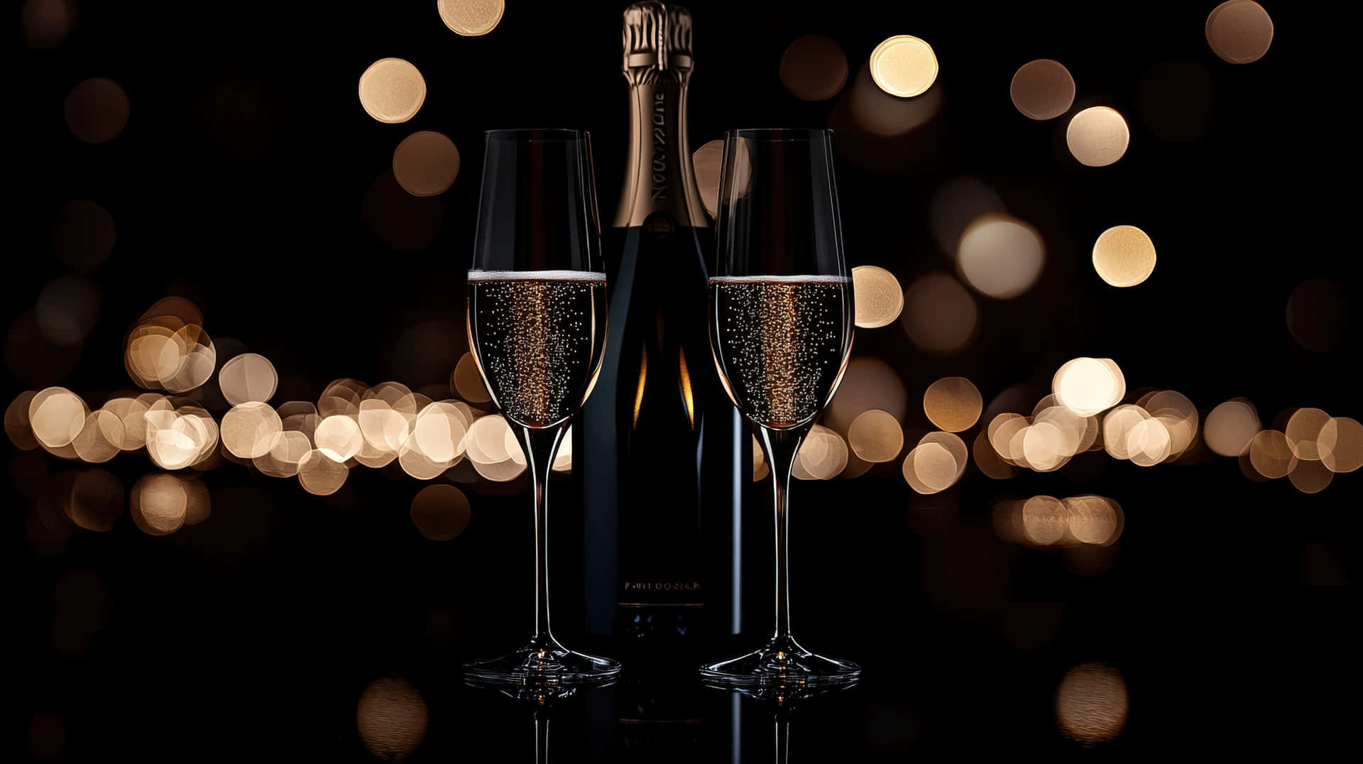 A luxurious scene featuring two champagne glasses and a bottle set against soft bokeh lights 壁紙 — 兩隻裝滿閃亮氣泡的香檳杯放在瓶子旁邊，背景是深色帶有溫暖金色散景燈光。